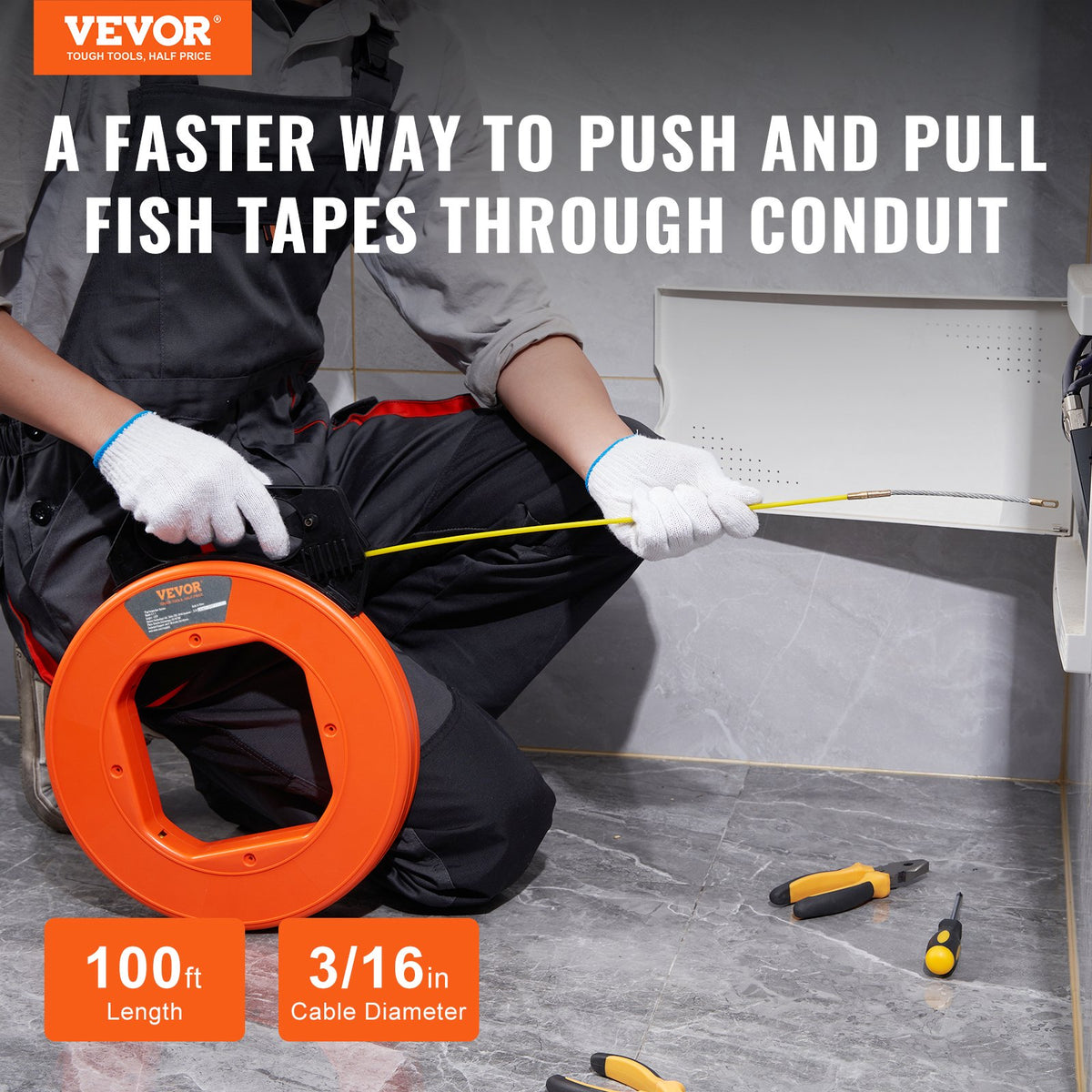 Fish Tape 100ft 3/16 Inch Fiberglass Wire Puller Non-Conductive Cable Tool