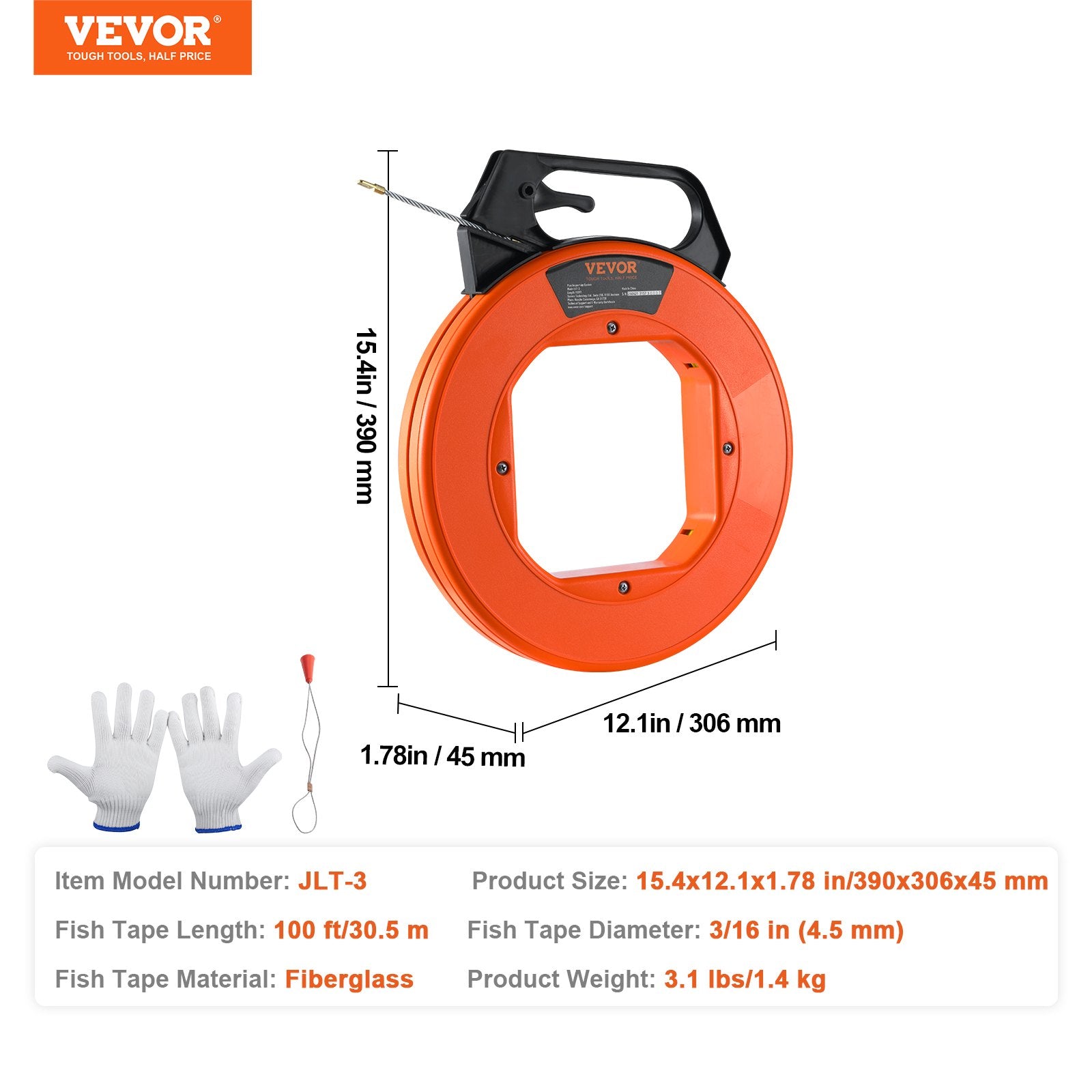 Fish Tape 100ft 3/16 Inch Fiberglass Wire Puller Non-Conductive Cable Tool