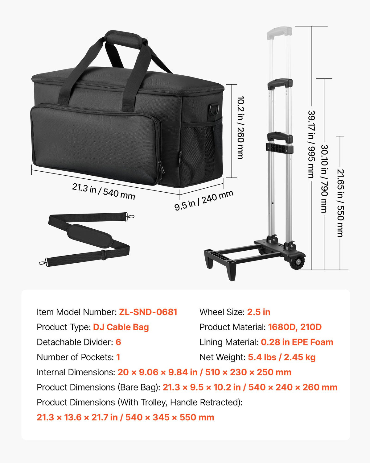 Rolling DJ Cable Bag 1680D Padded with Wheels 6 Detachable Dividers for DJ Gear