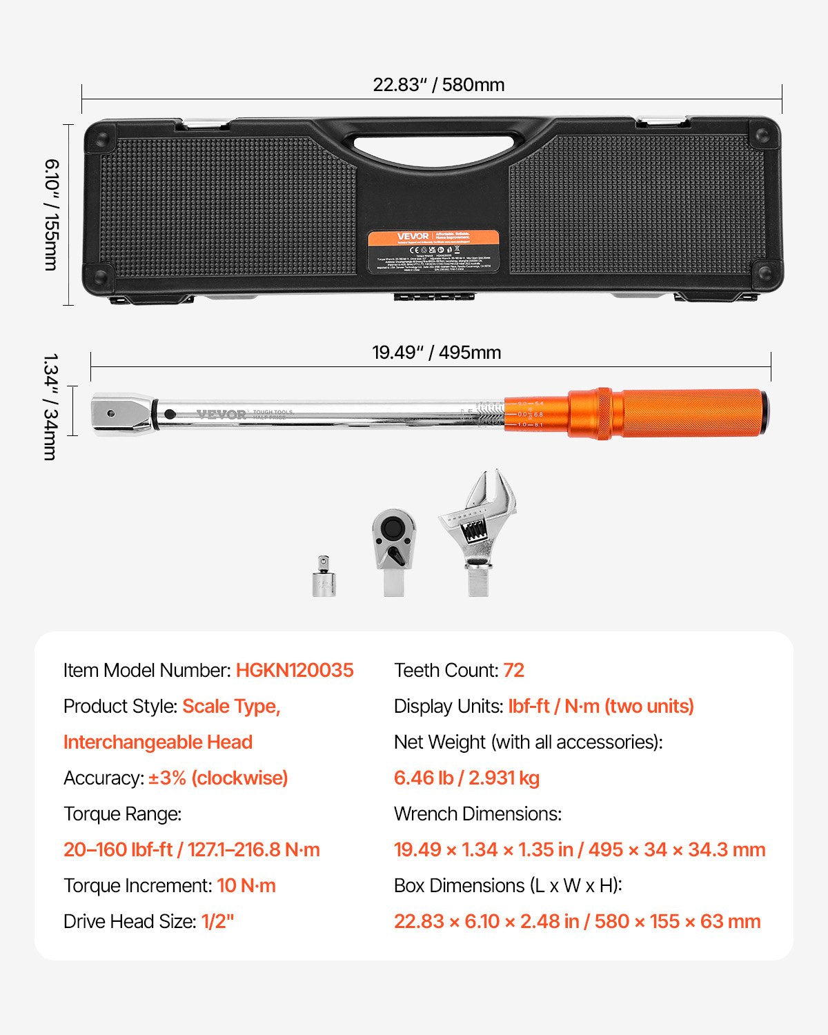 Adjustable Click Torque Wrench 1/2" Drive 20-160 lbf-ft ±2% Adapter Ratchet
