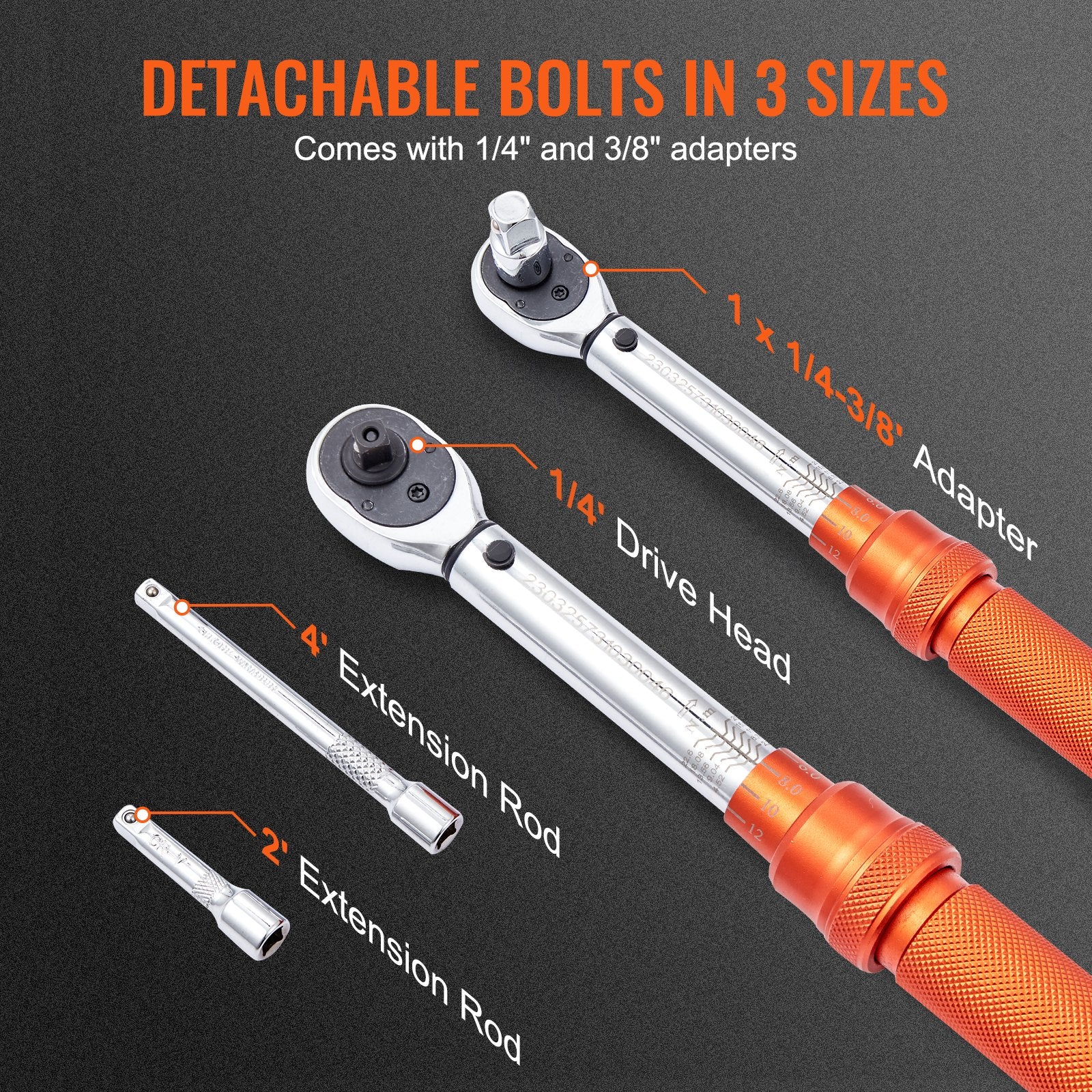 Click Torque Wrench Set, Dual Direction, 20–200 in.lb with Adapters