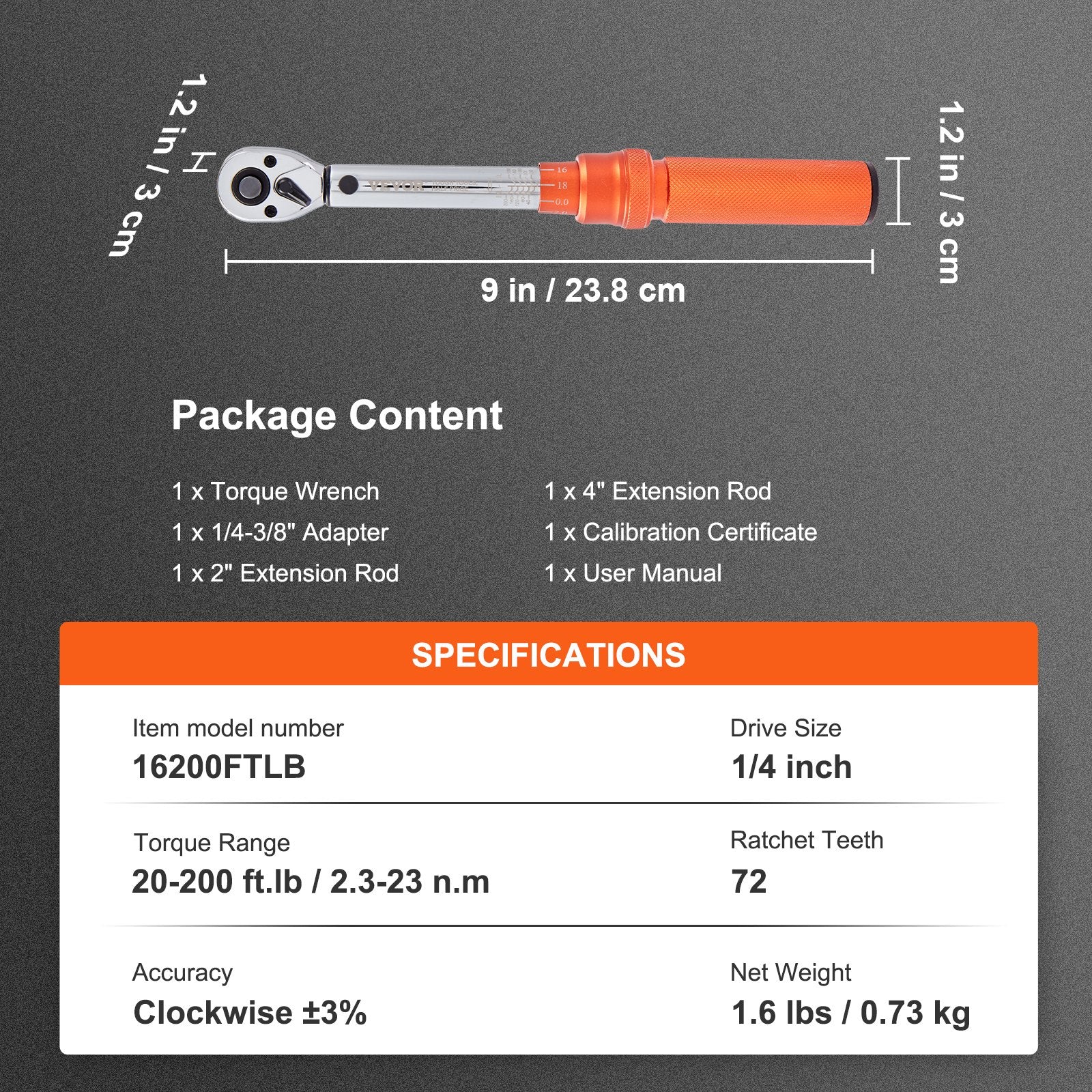 Click Torque Wrench Set, Dual Direction, 20–200 in.lb with Adapters