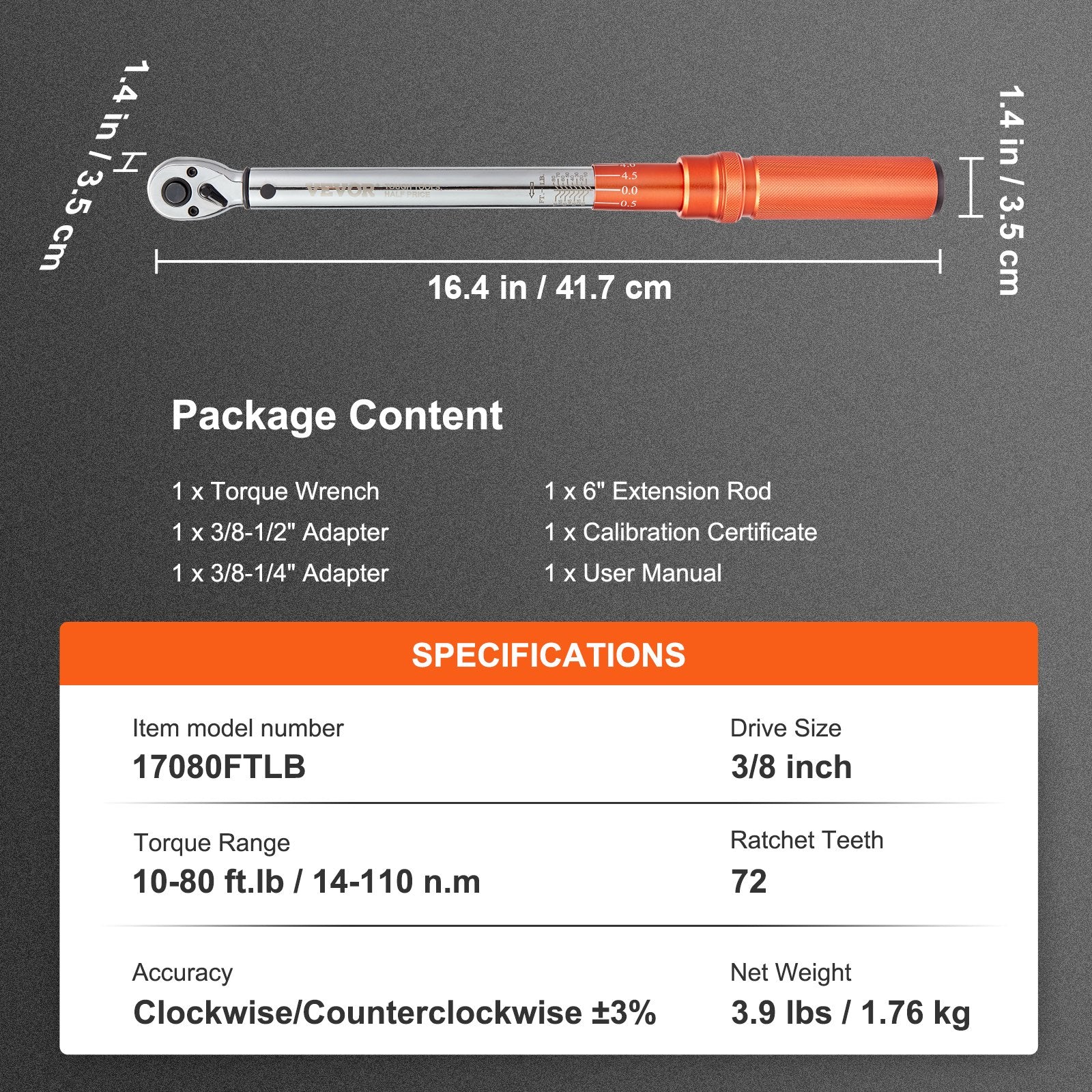 Torque Wrench 3/8" Drive 10-80ft.lb 14-110N.m Dual-Direction Mechanical Kit