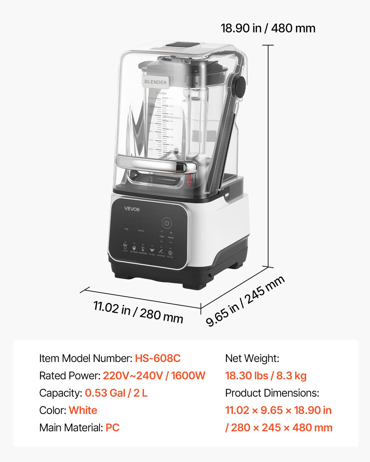 2L Professional Blender 2200W 26000RPM w/ Shield & 6 Preset Menus