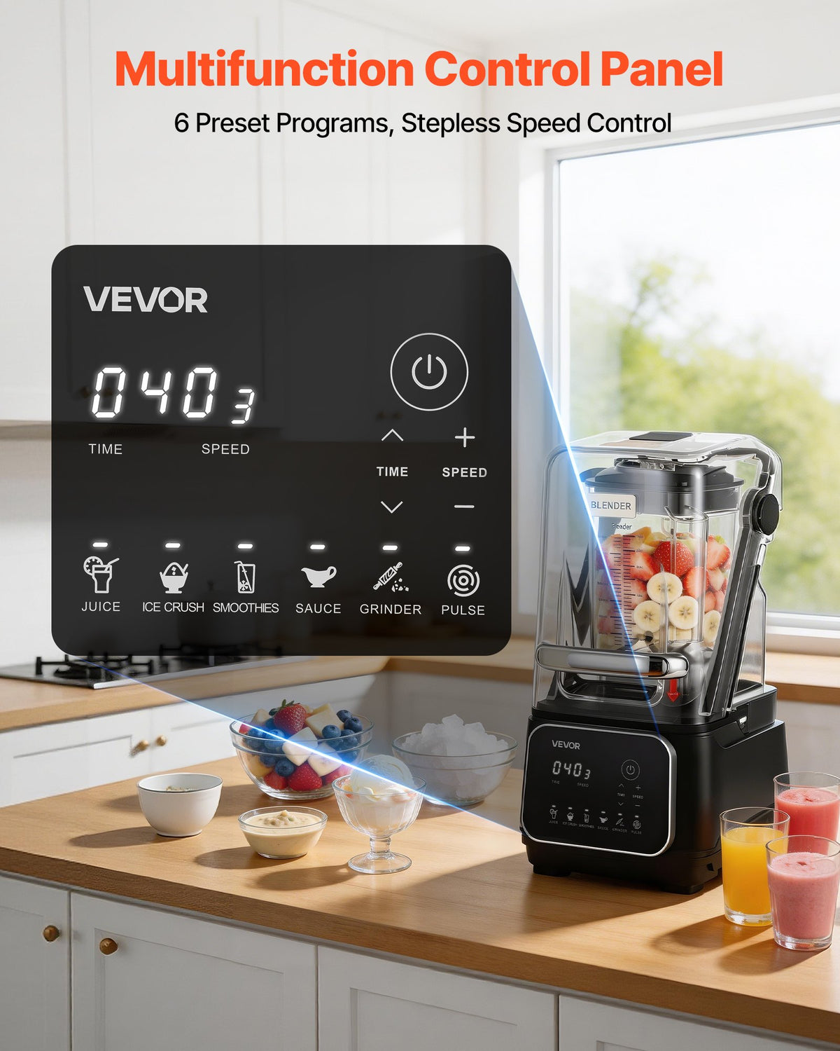 2L Professional Blender 2200W 26000RPM w/ Shield & 6 Preset Menus Black