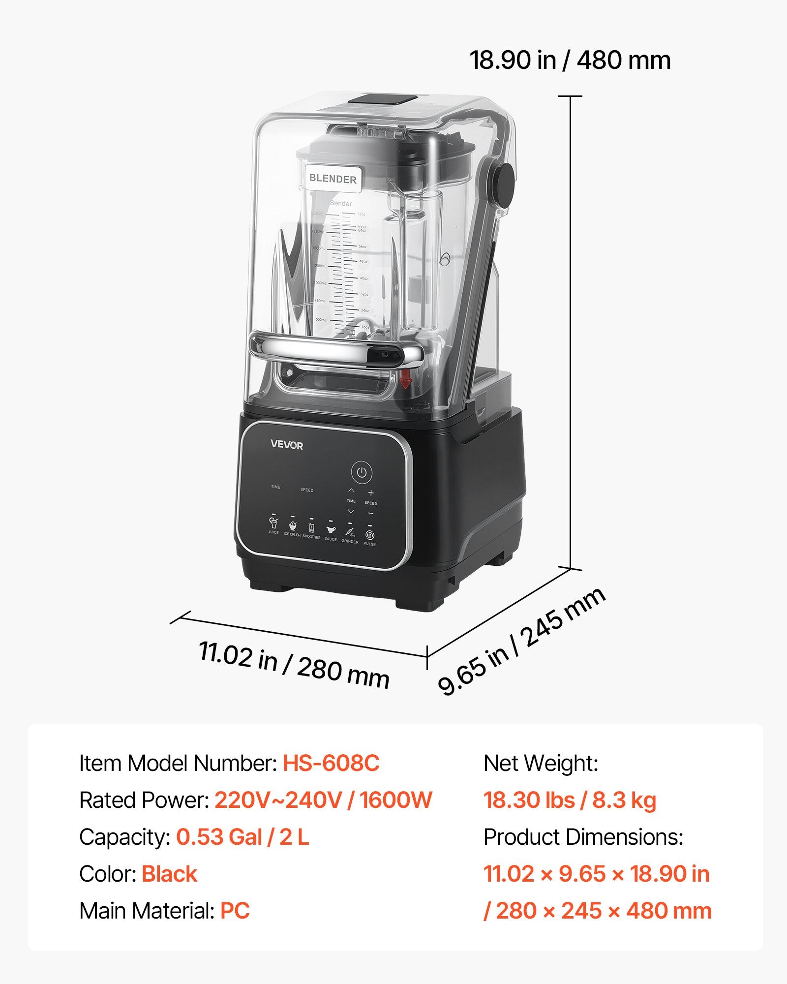 2L Professional Blender 2200W 26000RPM w/ Shield & 6 Preset Menus Black