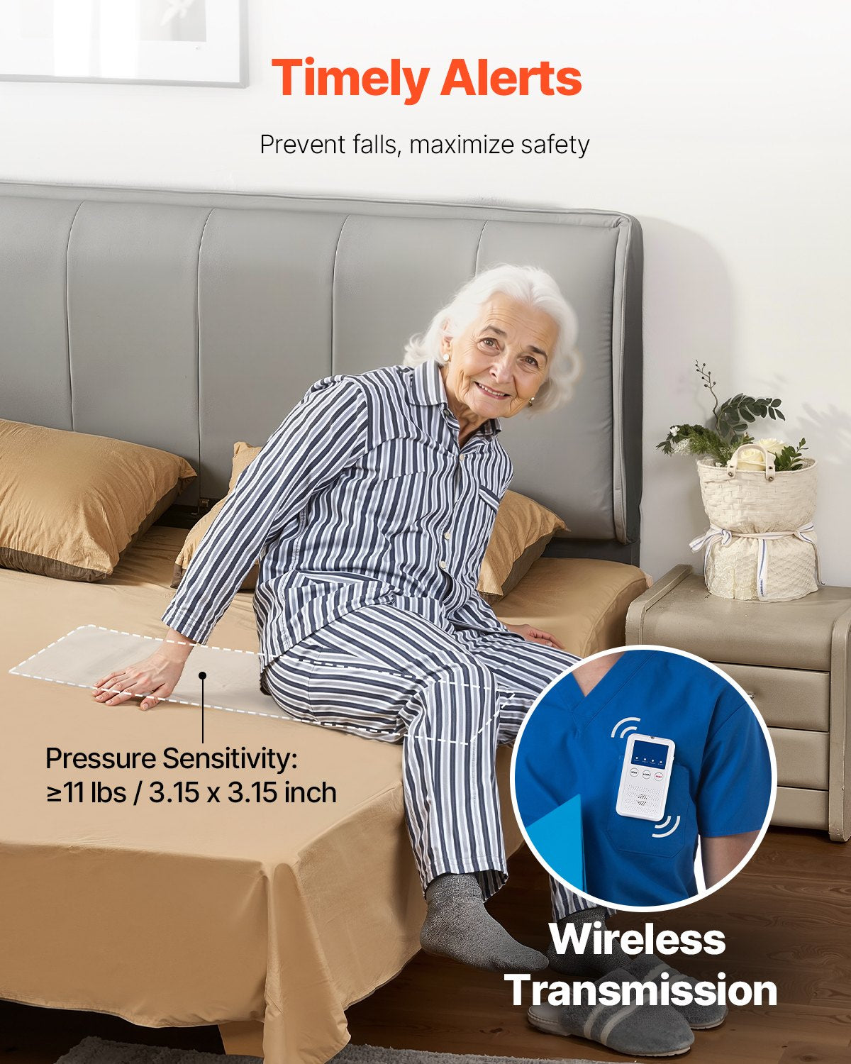 Early Alert Bed Alarm System Wireless Sensor Pad Call Button Pager 10x35-Inch