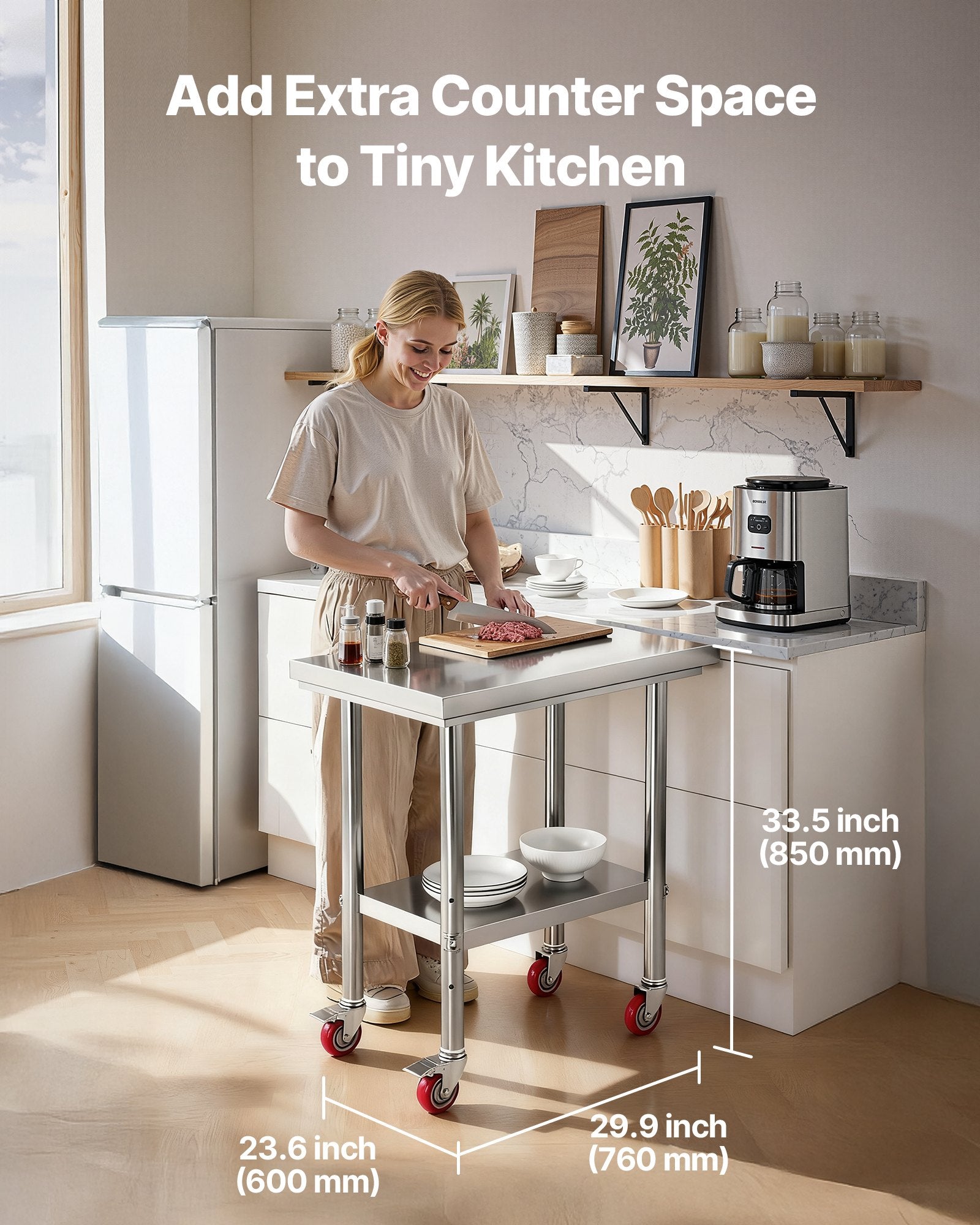 60x76cm Stainless Steel Prep Table w/ Wheels & Adjustable Undershelf