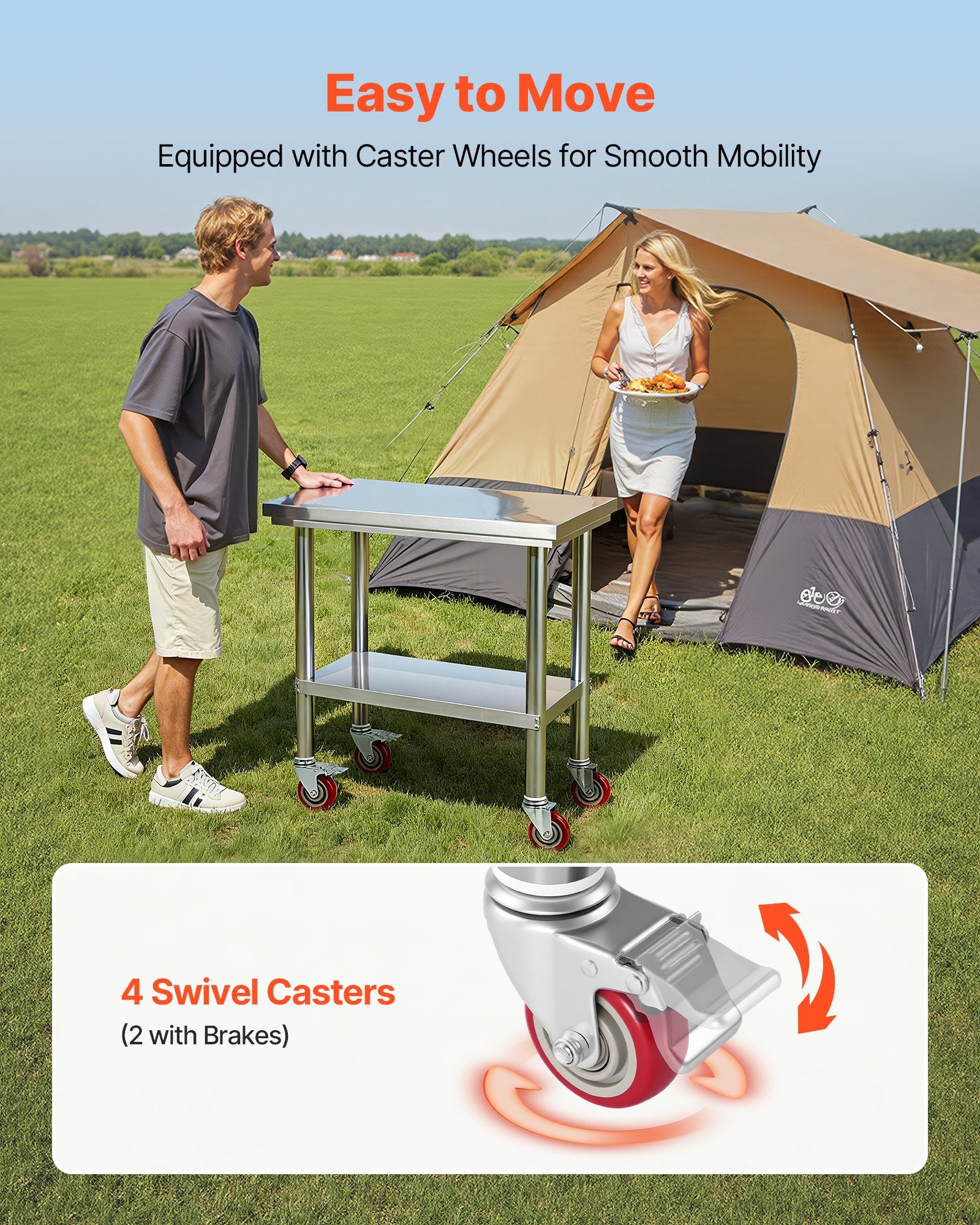 60x76cm Stainless Steel Prep Table w/ Wheels & Adjustable Undershelf