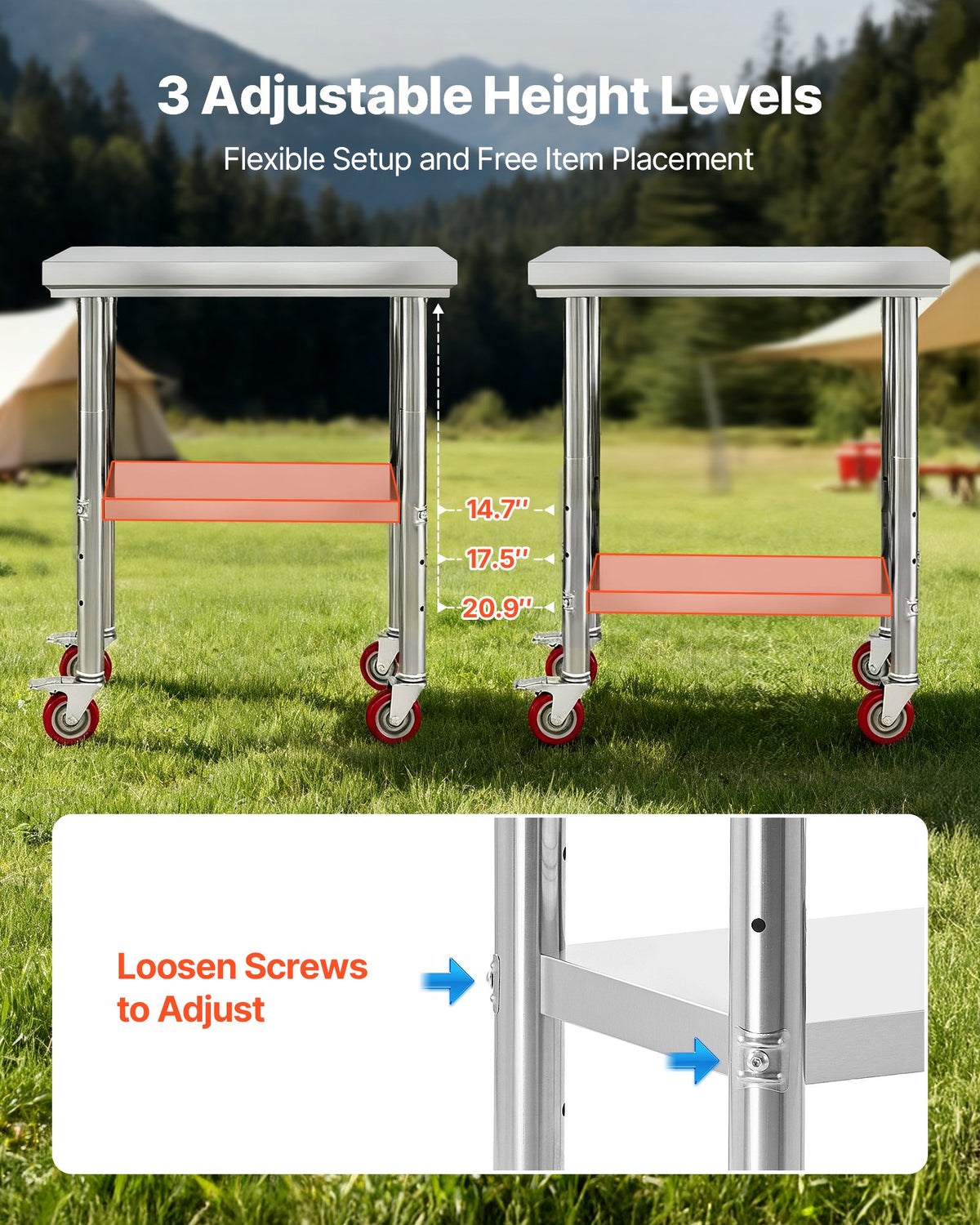 60x76cm Stainless Steel Prep Table w/ Wheels & Adjustable Undershelf