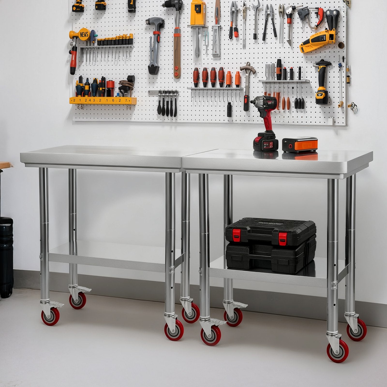 60x76cm Stainless Steel Prep Table w/ Wheels & Adjustable Undershelf