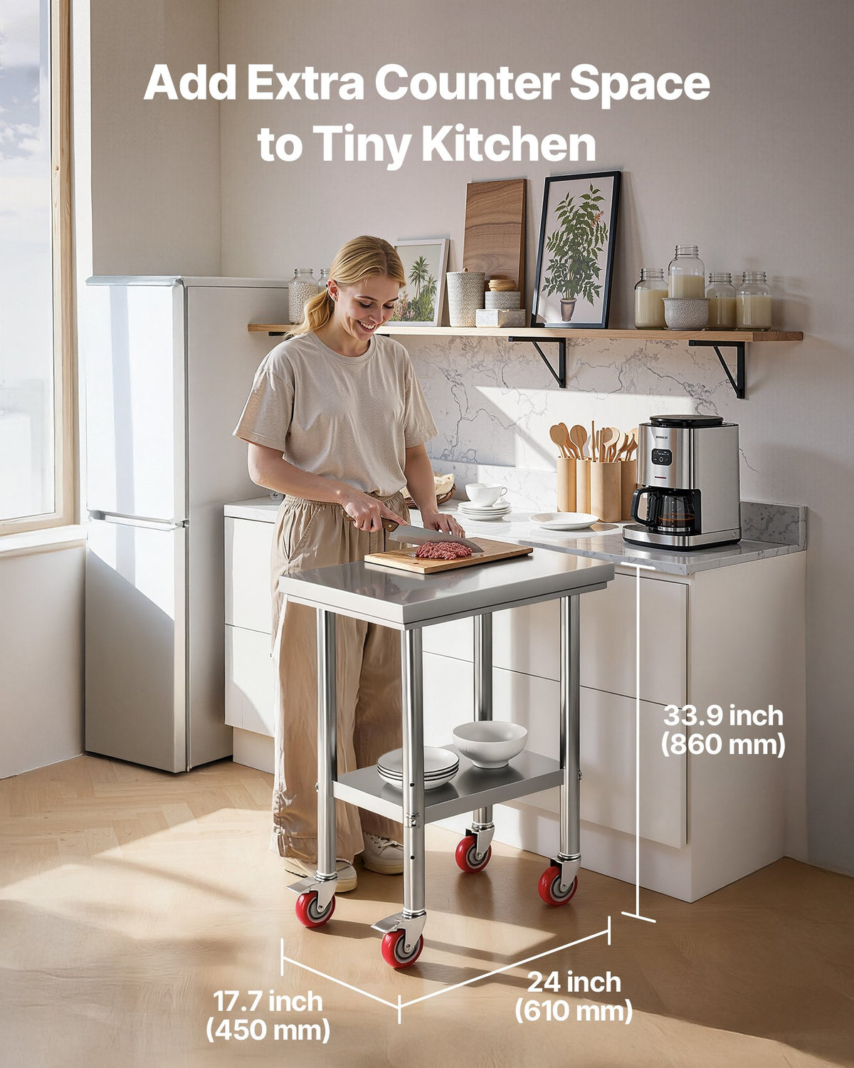 Stainless Steel Table 61x45cm Food Prep Worktable Adjustable Undershelf Wheels