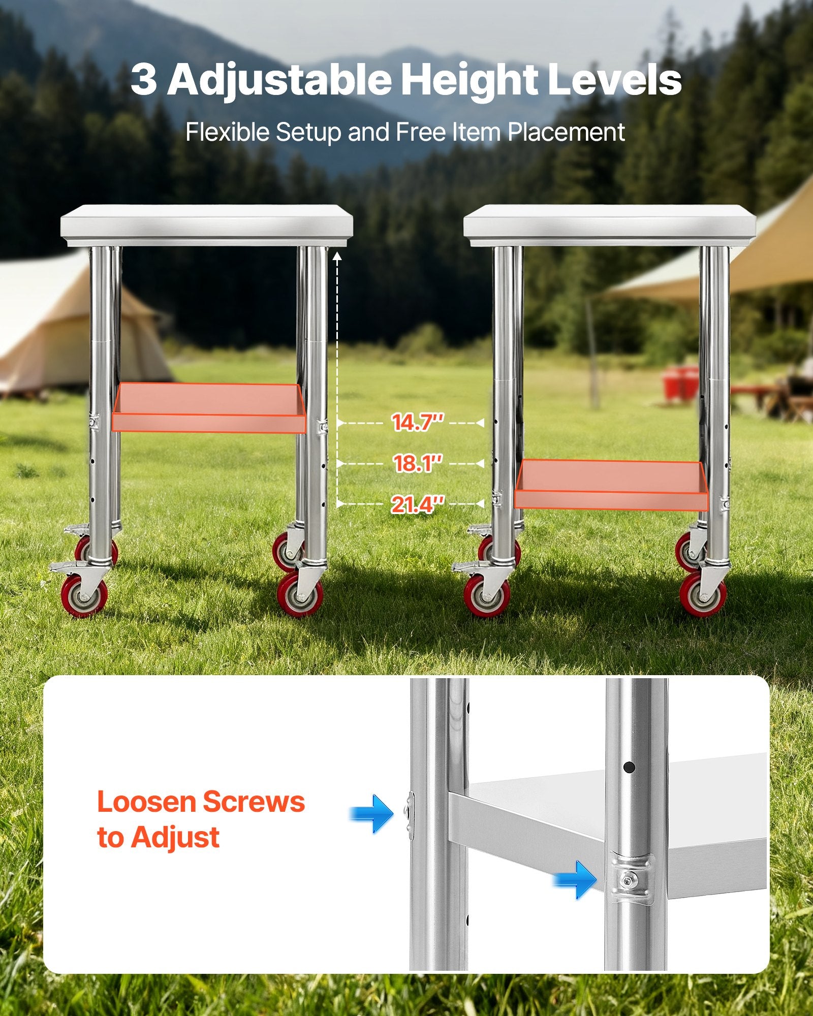 Stainless Steel Table 61x45cm Food Prep Worktable Adjustable Undershelf Wheels