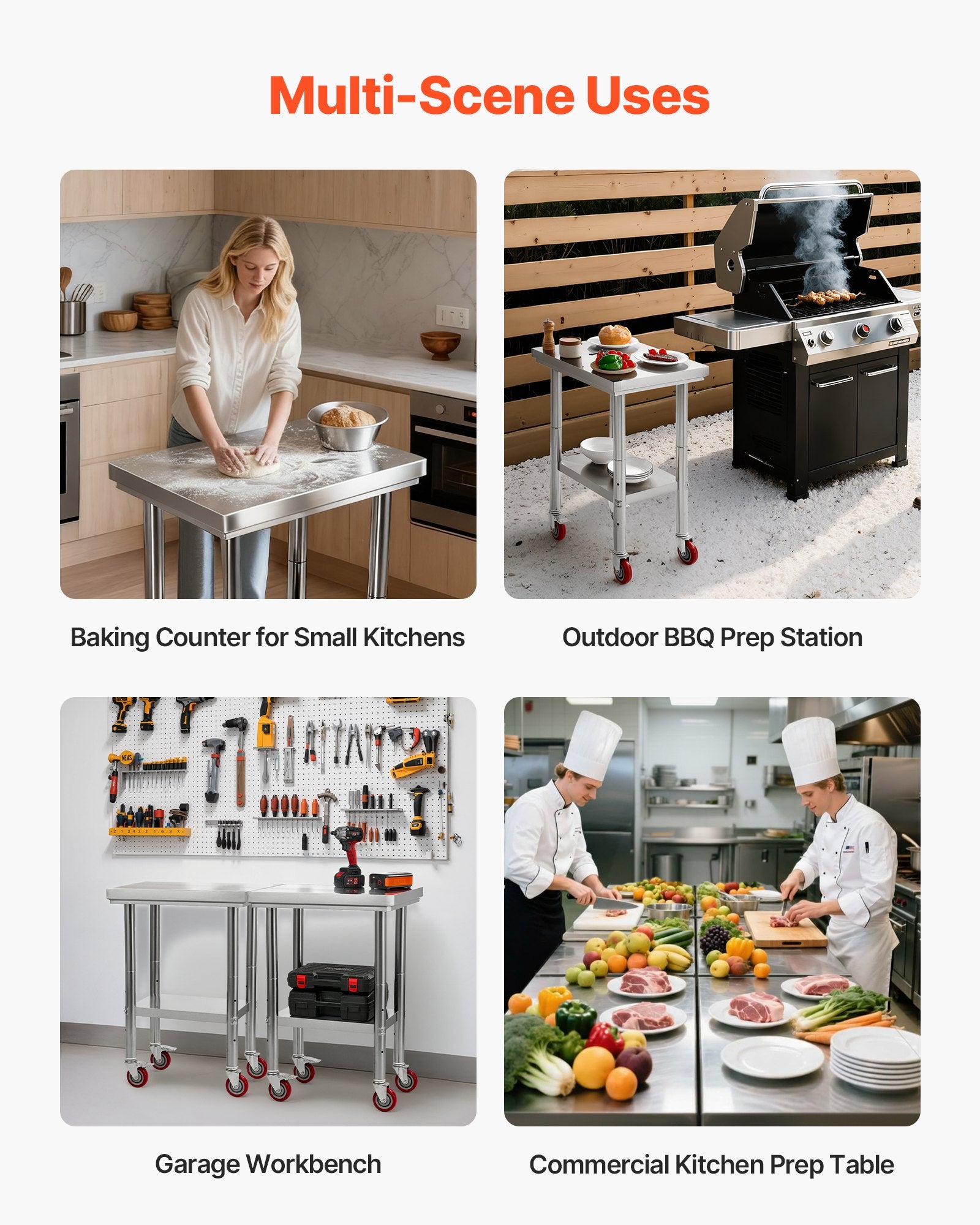 Stainless Steel Table 61x45cm Food Prep Worktable Adjustable Undershelf Wheels