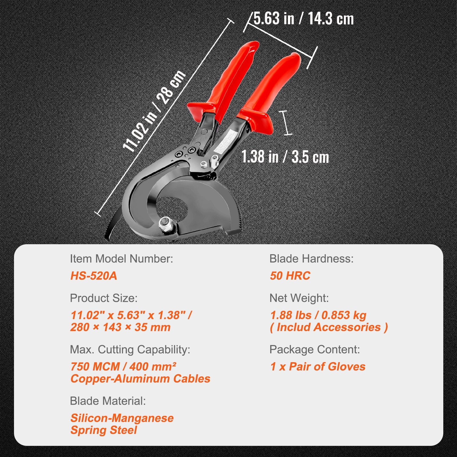 Ratcheting Cable Cutter 280mm up to 400mm2 Comfortable Grip Quick Release
