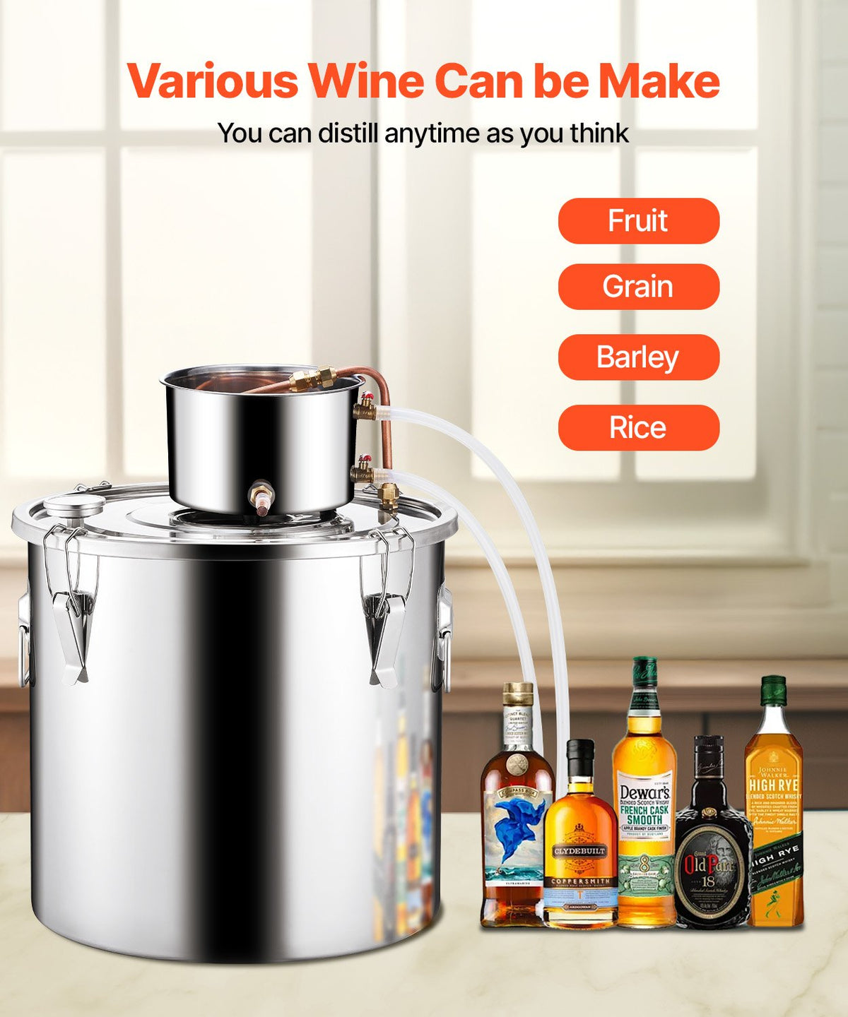 50L Alcohol Still Stainless Steel Distiller with Copper Coil Thermometer Pump