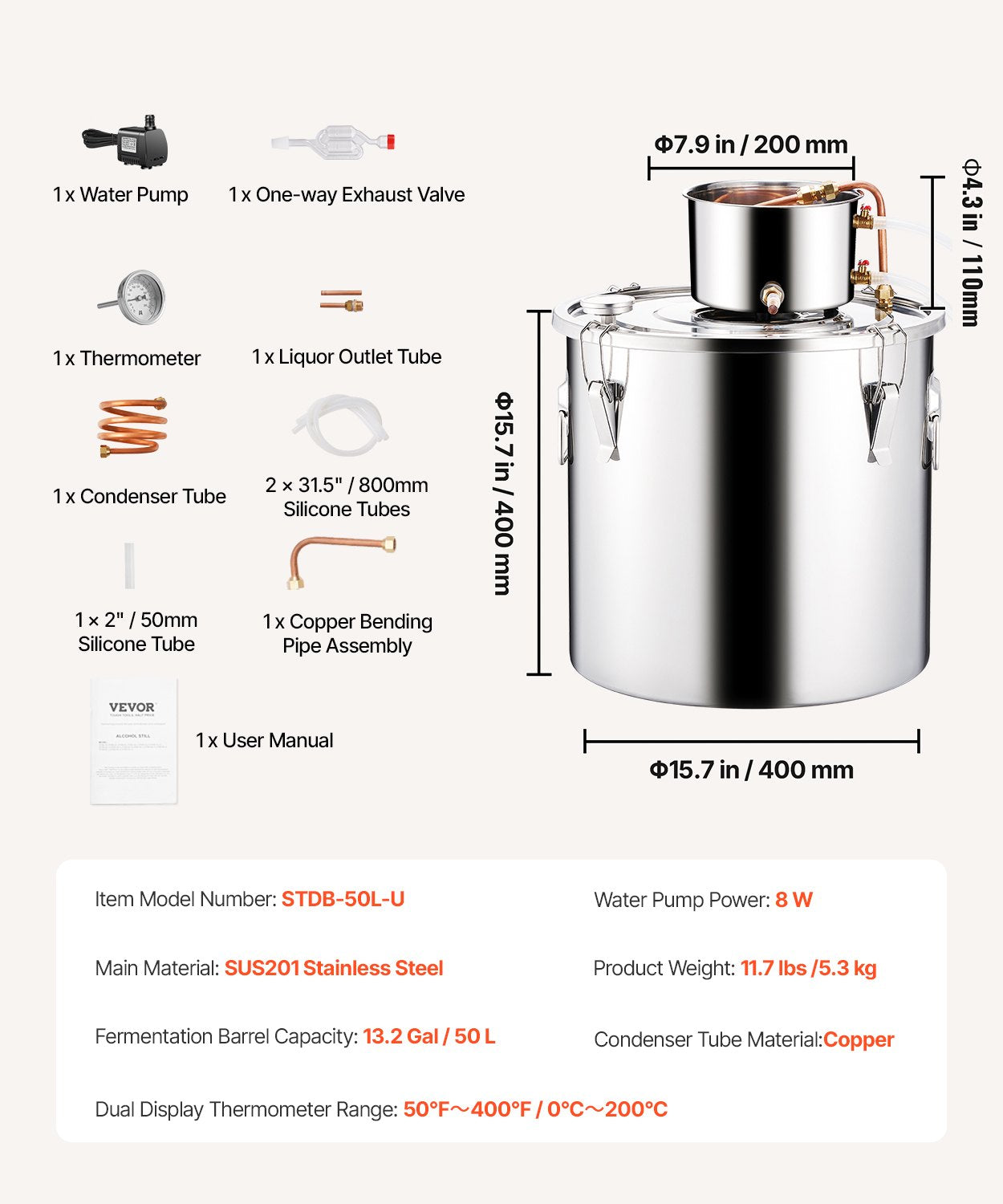 50L Alcohol Still Stainless Steel Distiller with Copper Coil Thermometer Pump