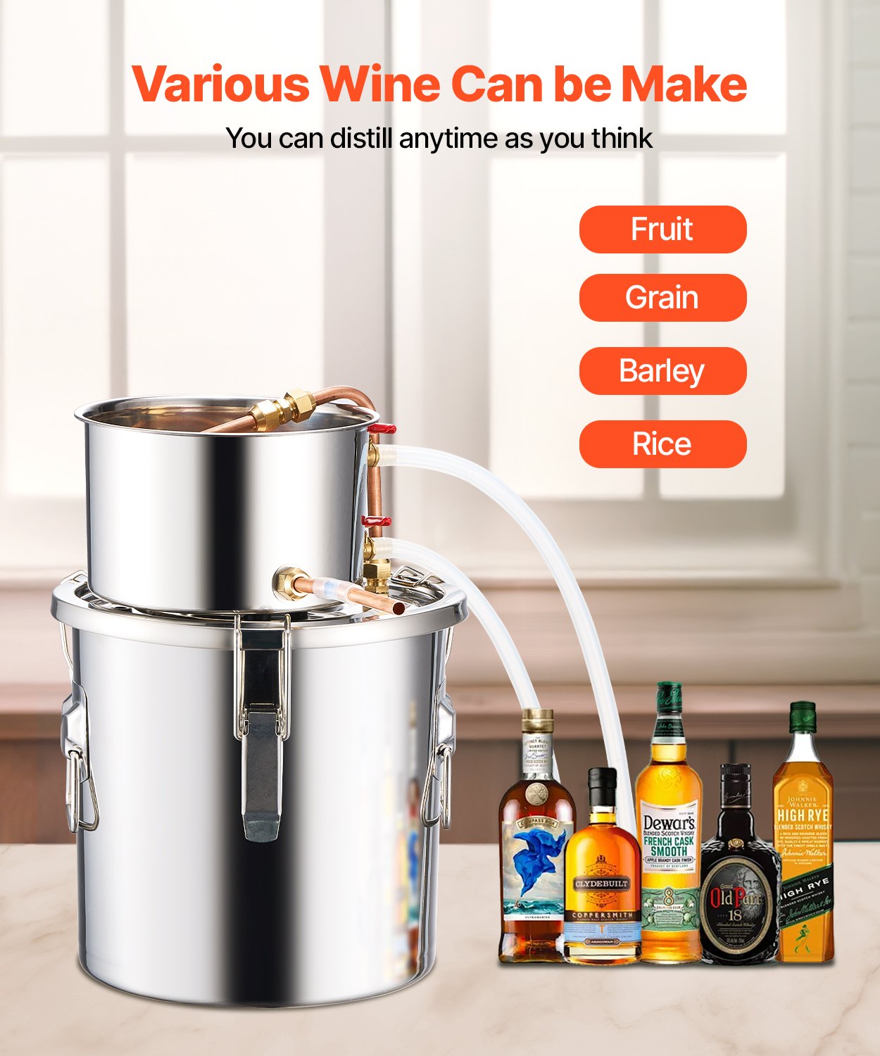3 Gal / 11.4 L Stainless Steel Alcohol Still with Copper Coil and Thermometer