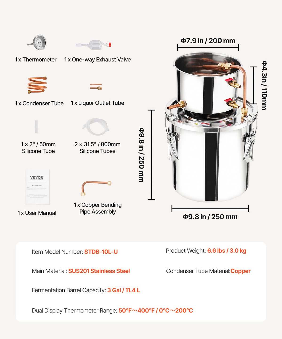 3 Gal / 11.4 L Stainless Steel Alcohol Still with Copper Coil and Thermometer