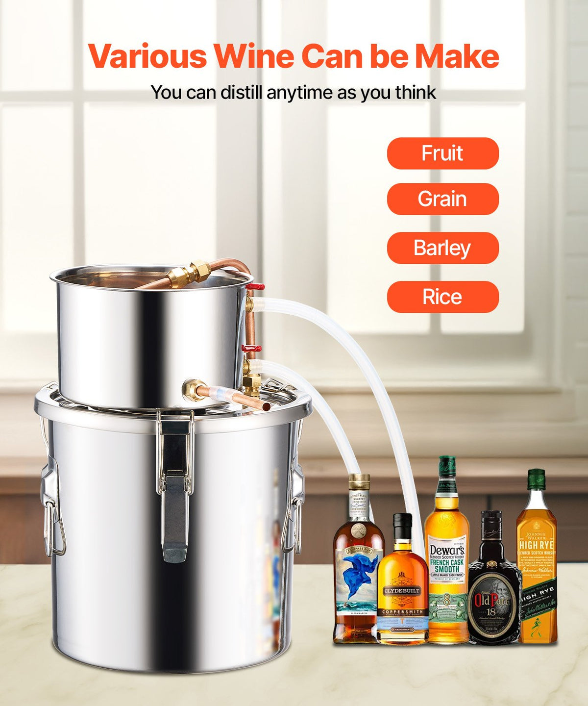 3 Gal Alcohol Still Stainless Steel Distiller with Copper Coil Thermometer Pump