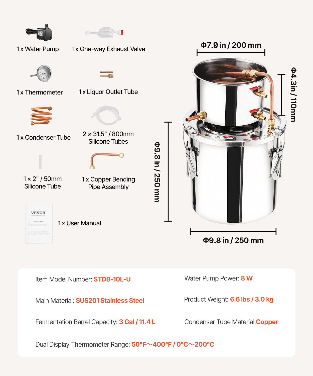 3 Gal Alcohol Still Stainless Steel Distiller with Copper Coil Thermometer Pump