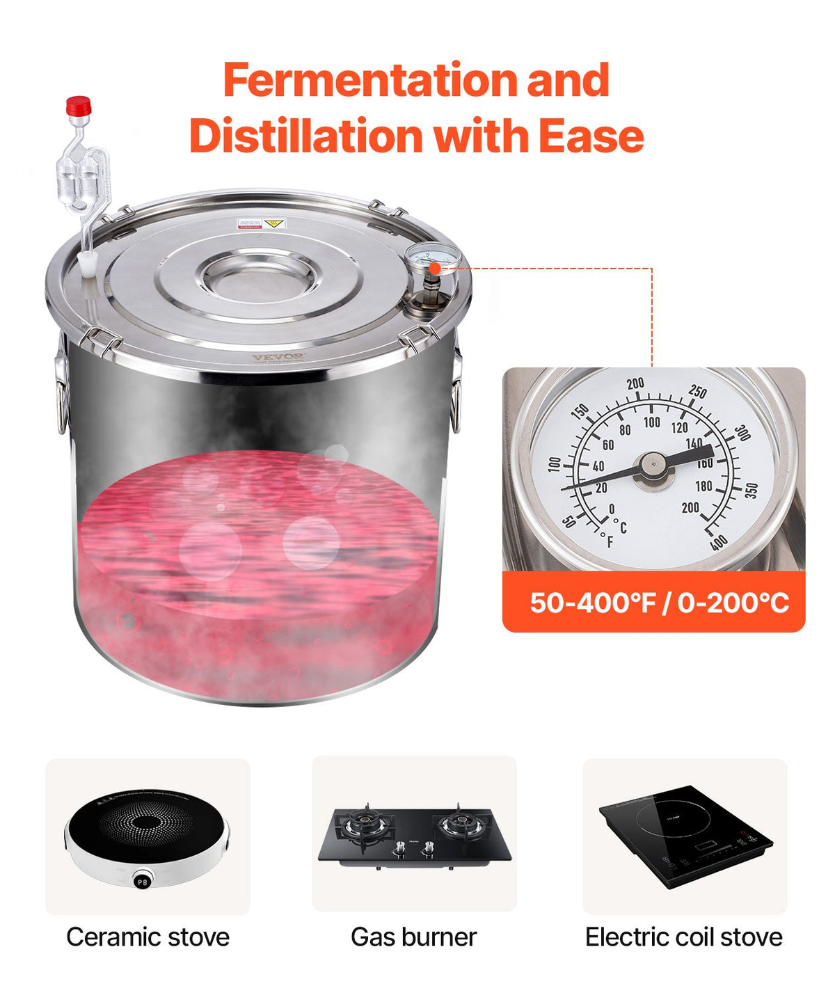 Alcohol Still 5Gal/19L Stainless Steel Distiller Copper Coil Thermometer Pump