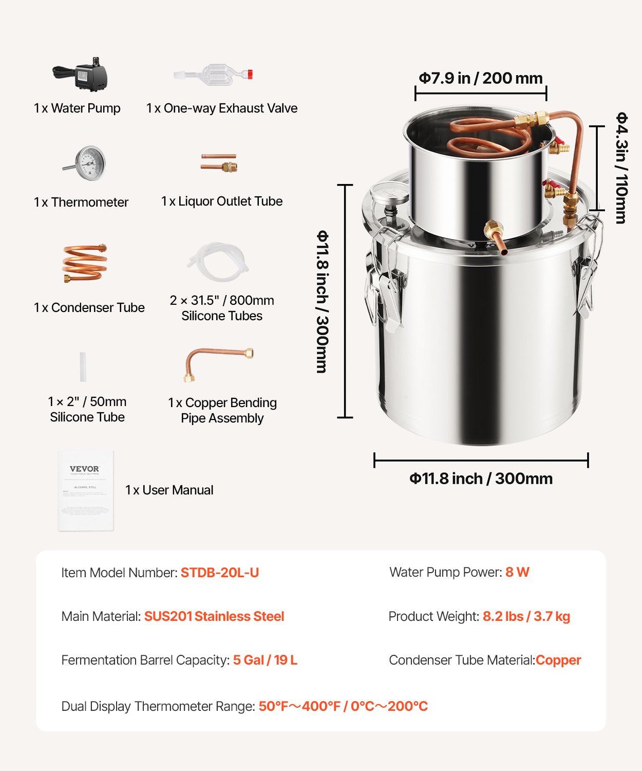 Alcohol Still 5Gal/19L Stainless Steel Distiller Copper Coil Thermometer Pump