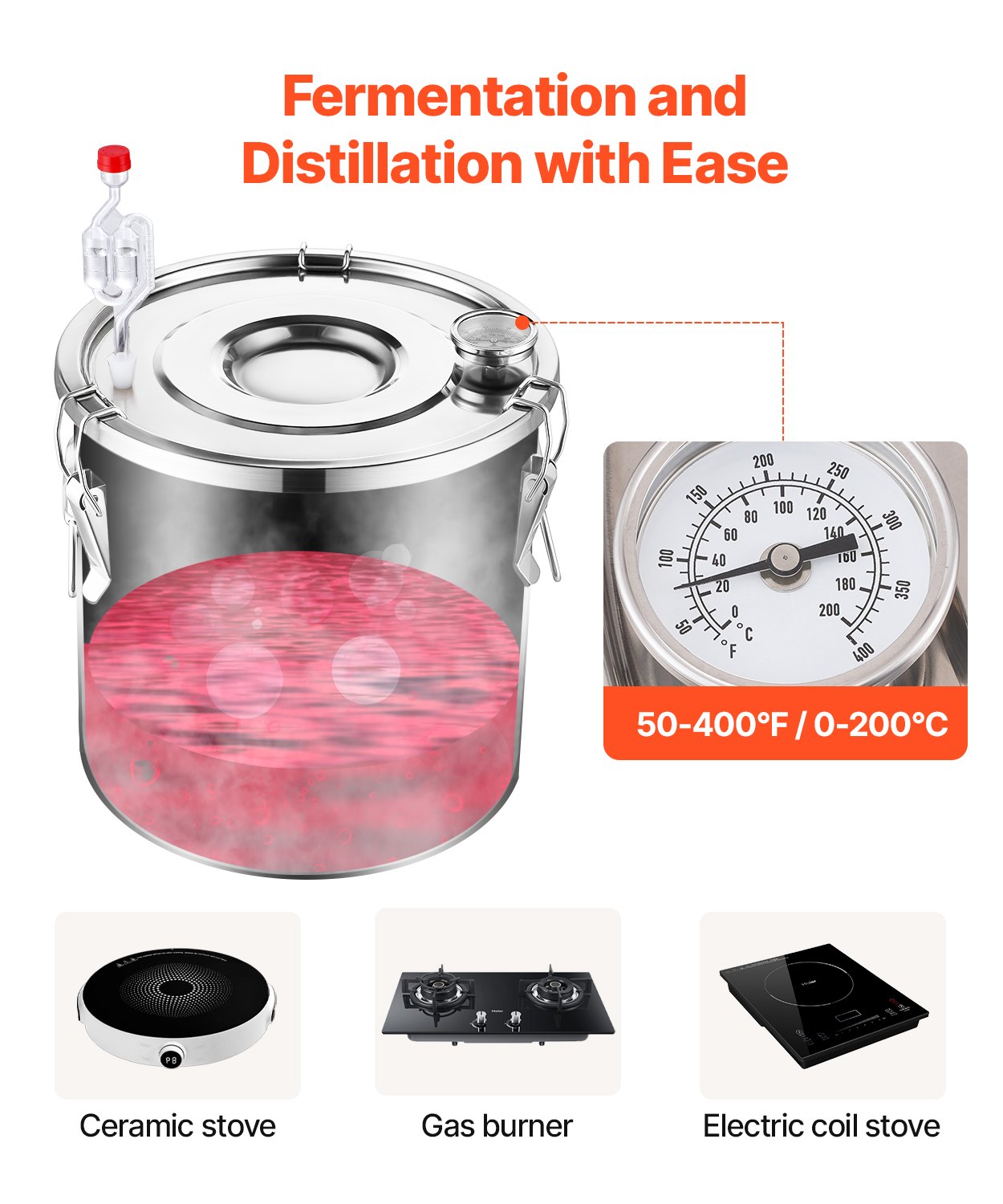 8 Gal / 30 L Stainless Steel Alcohol Still with Copper Coil and Thermometer