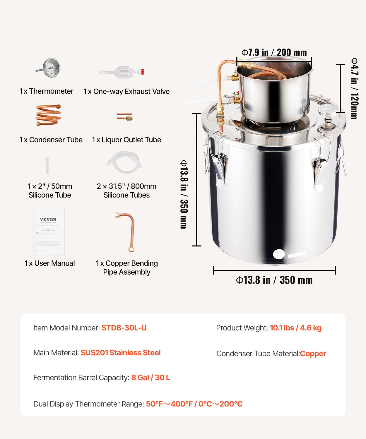 8 Gal / 30 L Stainless Steel Alcohol Still with Copper Coil and Thermometer