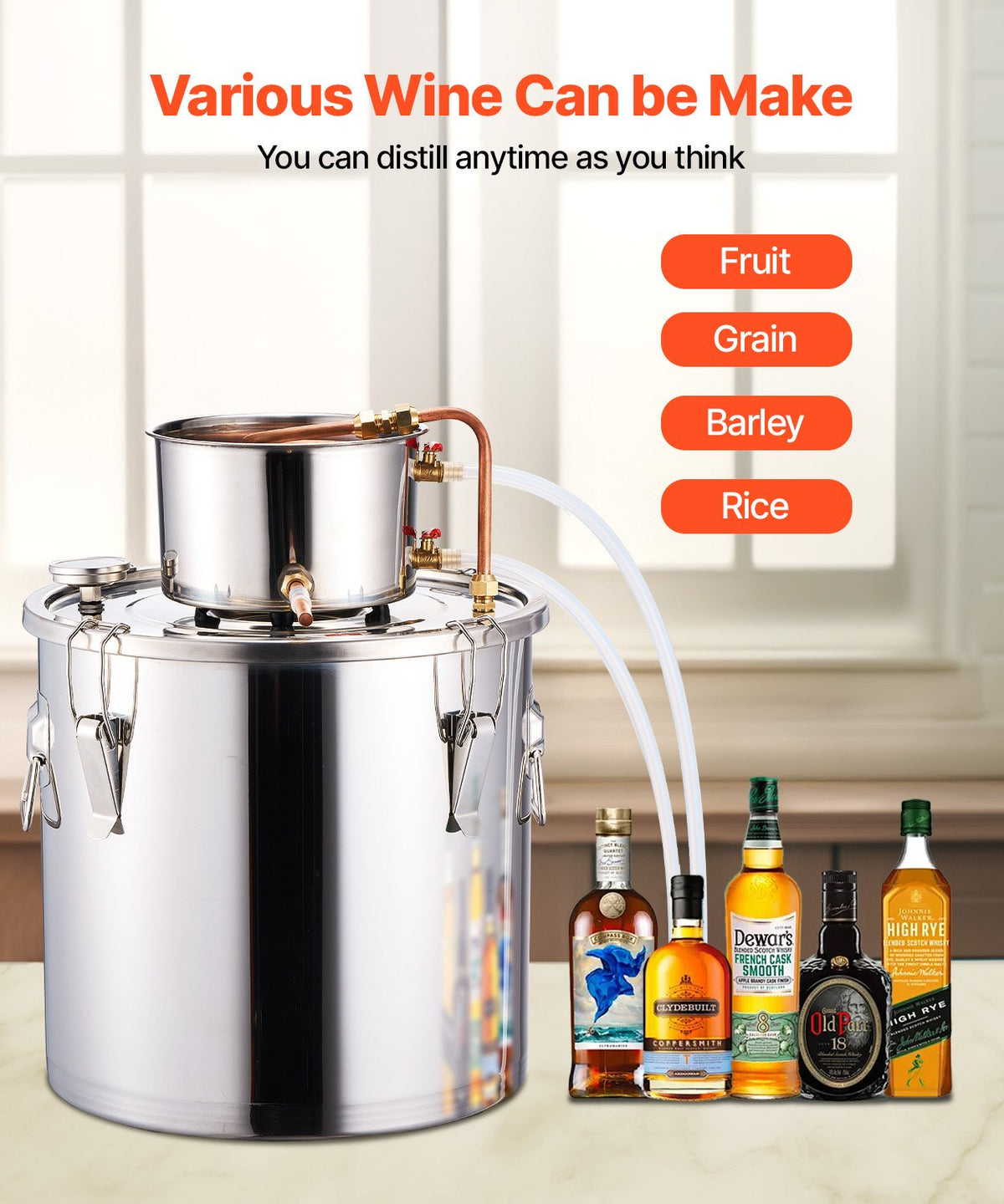 8 Gal / 30 L Stainless Steel Alcohol Still with Copper Coil, Thermometer & Pump