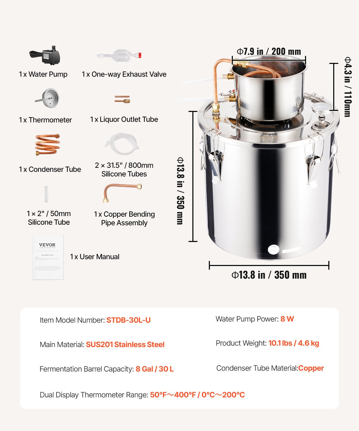 8 Gal / 30 L Stainless Steel Alcohol Still with Copper Coil, Thermometer & Pump