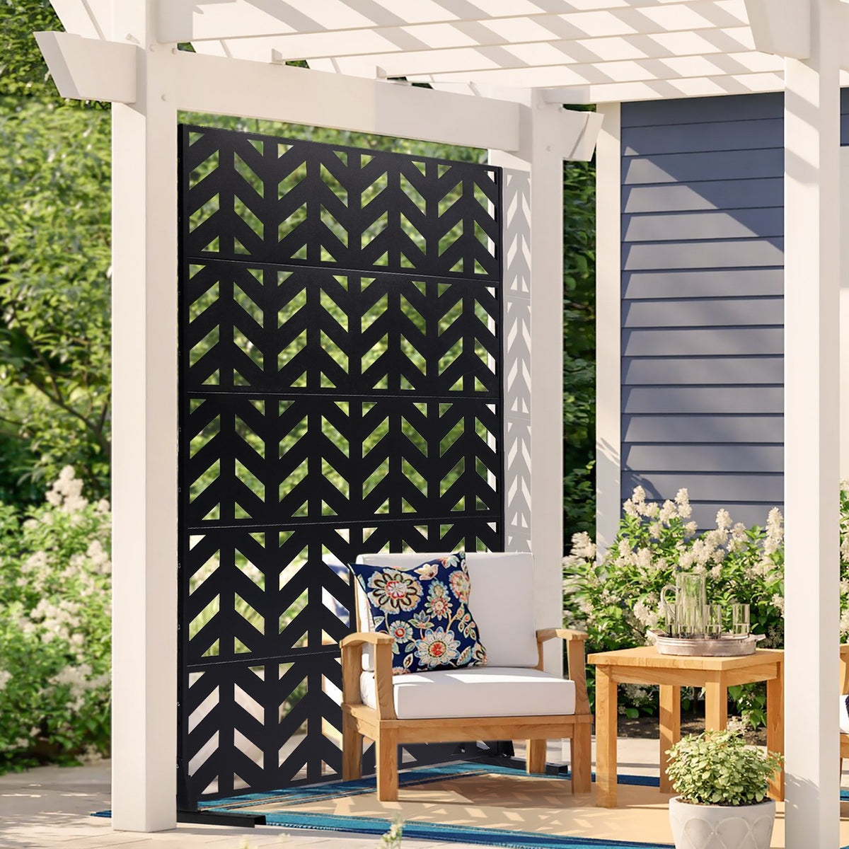 Metal Privacy Screen 47"x72" 5-Panel Freestanding Outdoor Divider Steel Black