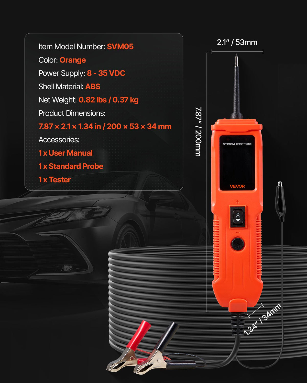 Automotive Circuit Tester, Power Probe with TFT Display & Lighting - 8-35 DCV