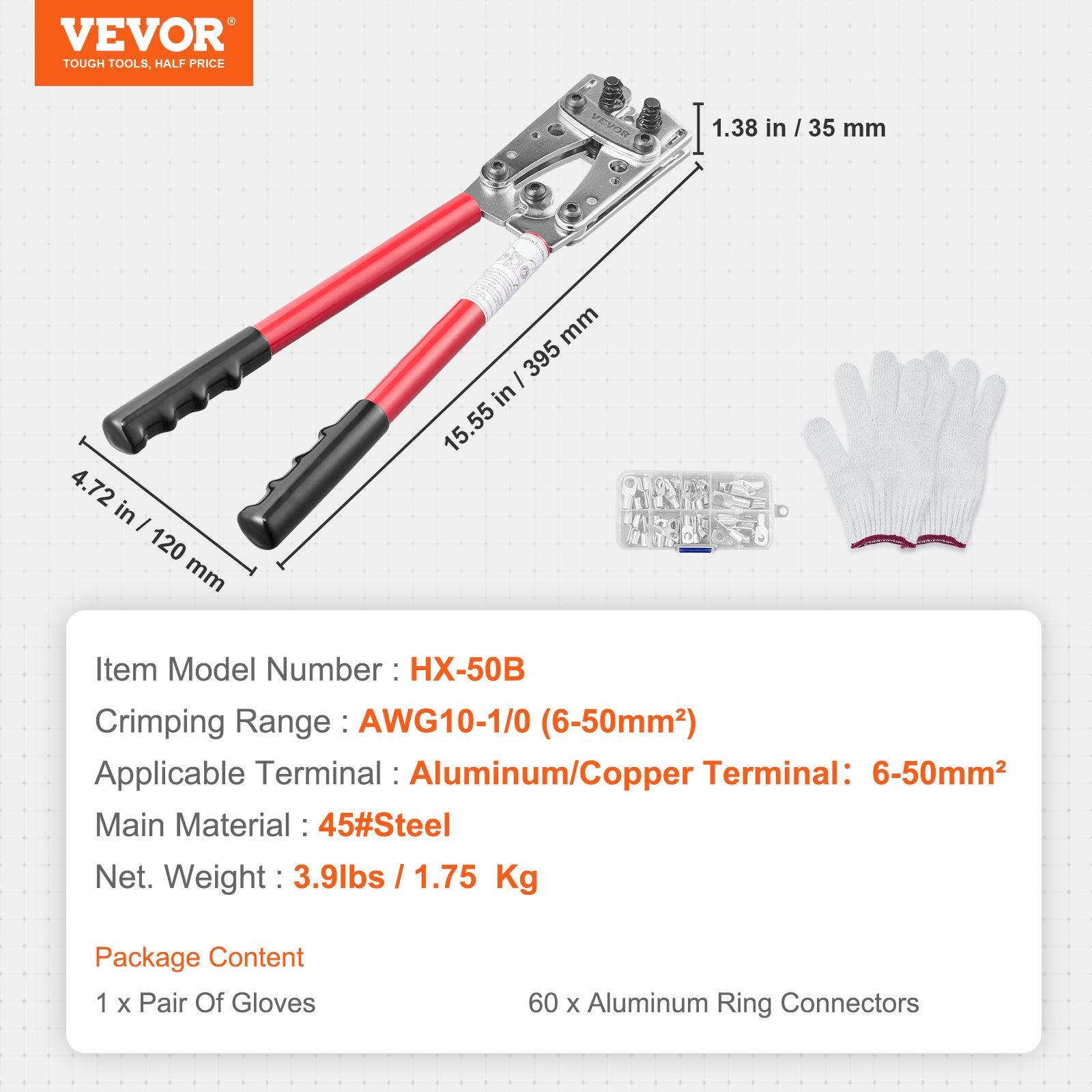 Crimping Tool Battery Cable Lug 10-1/0AWG with 60PCS Aluminum Terminals Die