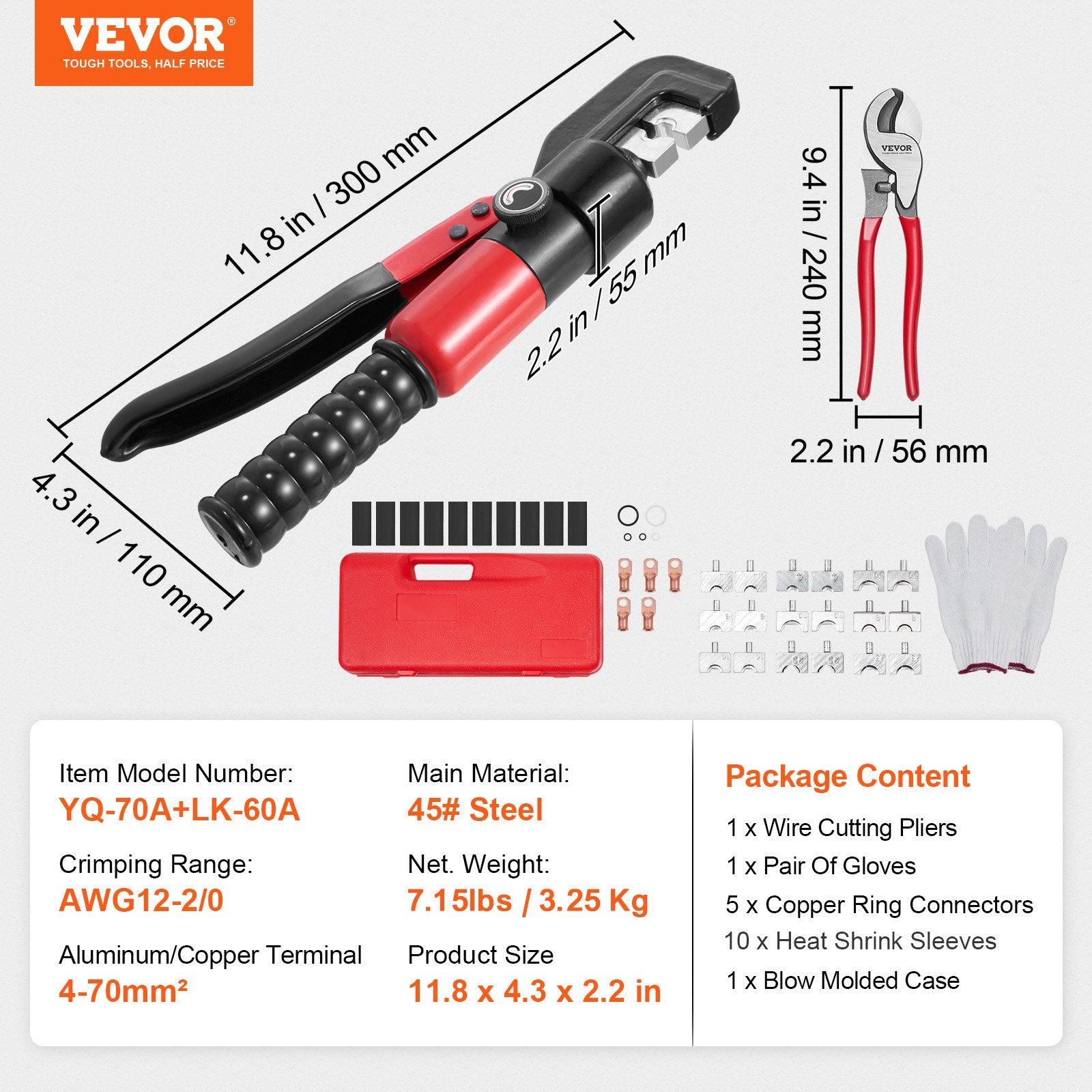 Hydraulic Crimping Tool with 9 Dies, Cutting Pliers, Gloves & Copper Connectors