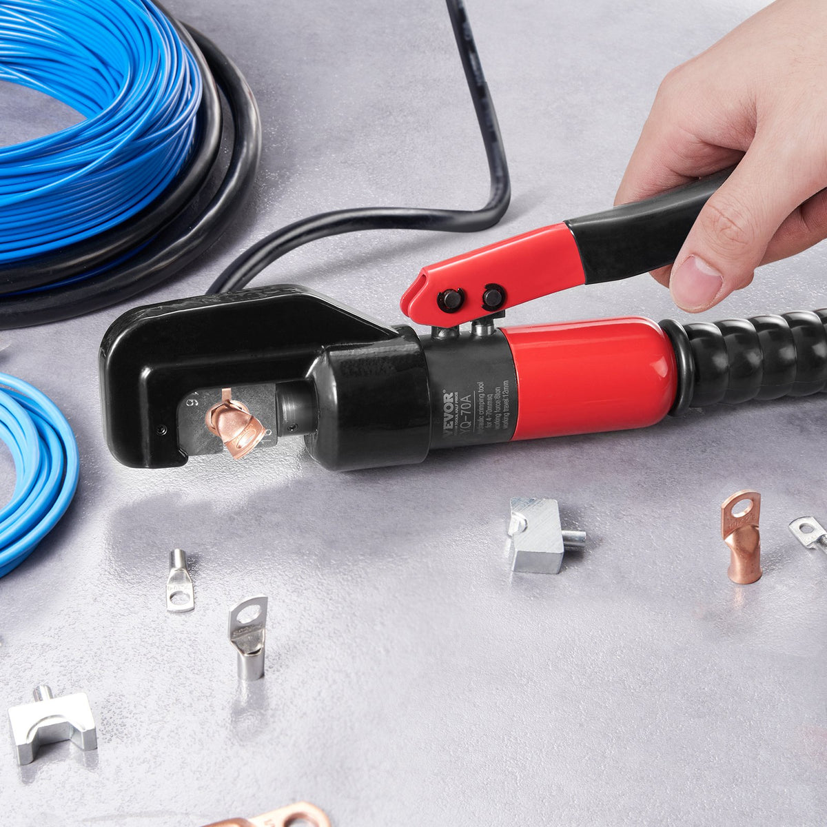 Hydraulic Crimping Tool with 9 Dies, Cutting Pliers, Gloves & Copper Connectors