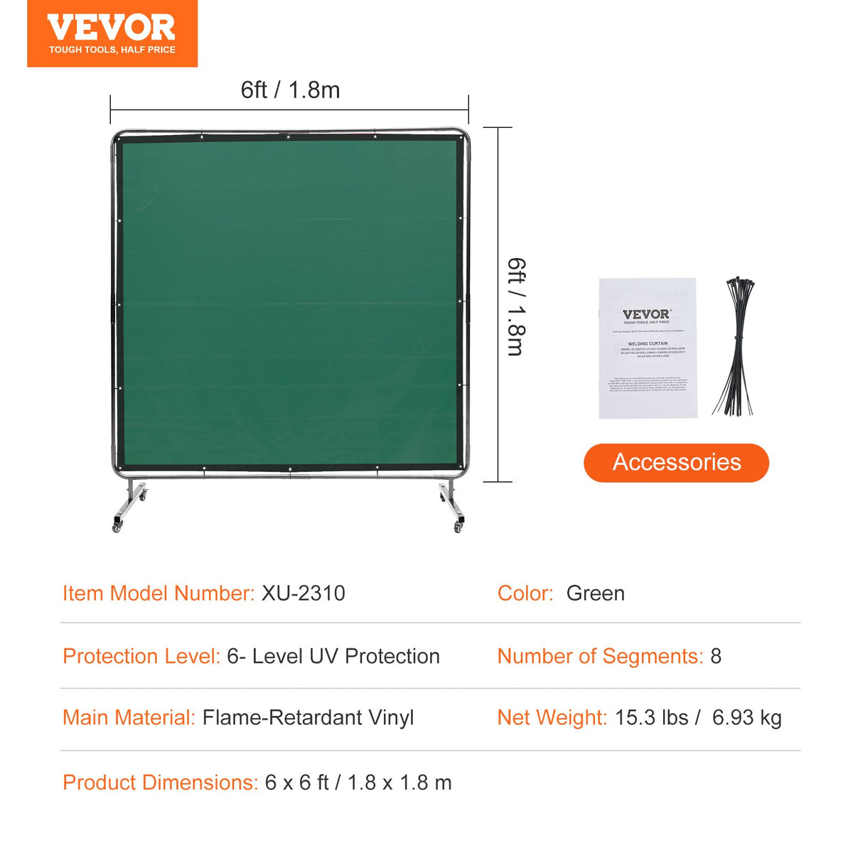 Welding Screen with Frame 6'x6' Flame-Resistant Vinyl on 4 Swivel Wheels Green