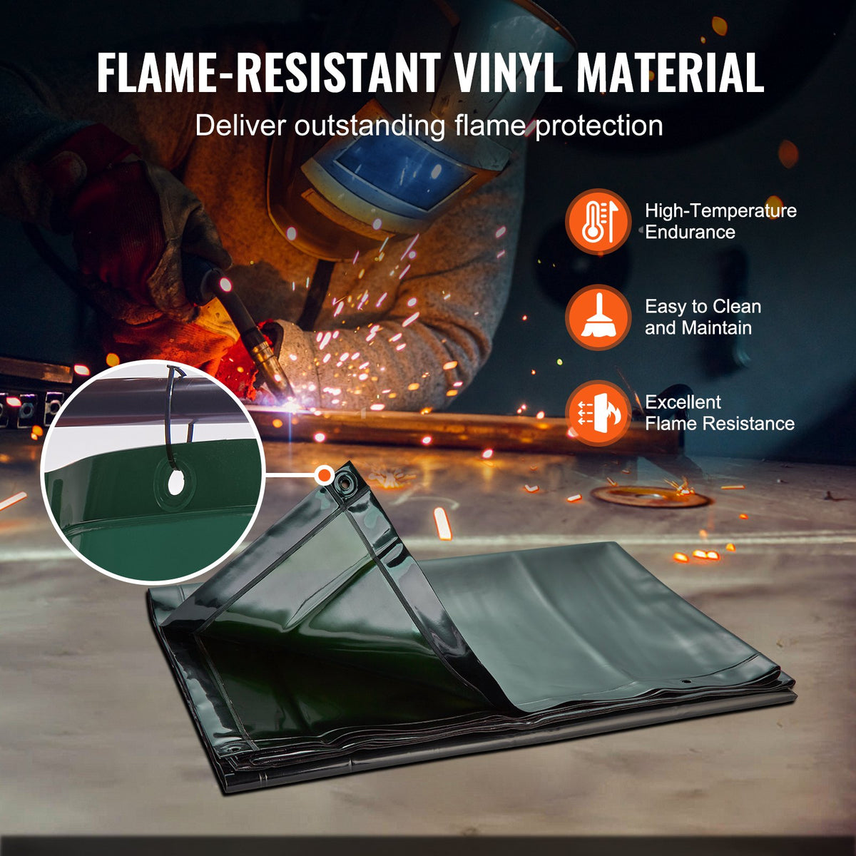 Welding Screen with Frame 6'x8' Flame-Resistant Vinyl on 4 Swivel Wheels Green