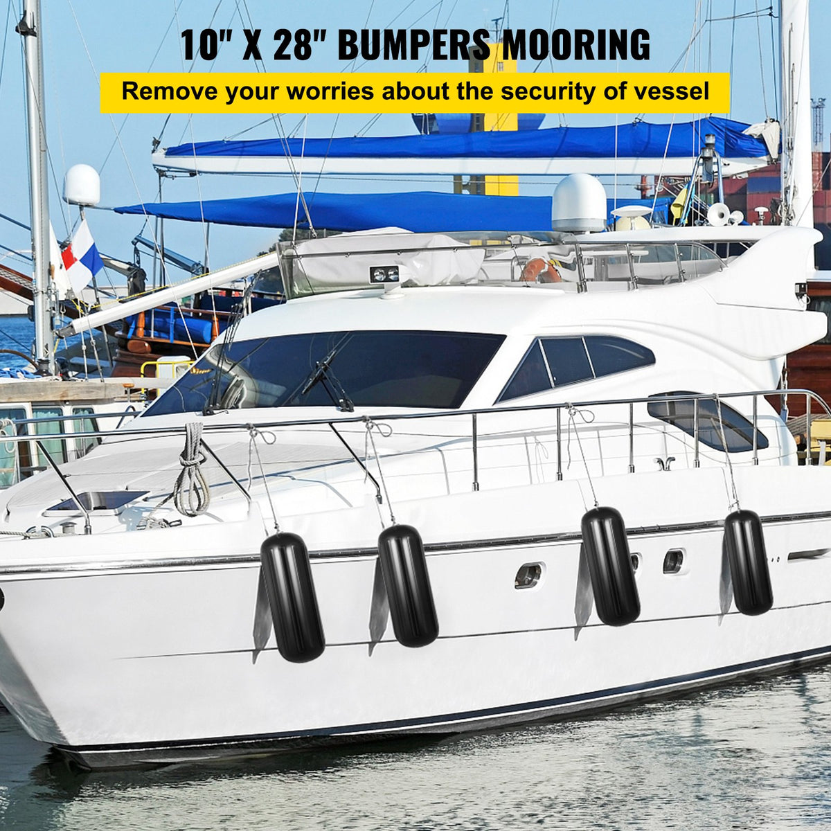 Boat Fenders 10x28 Ribbed Inflatable Boat Bumpers 4 Pack with Ropes Black
