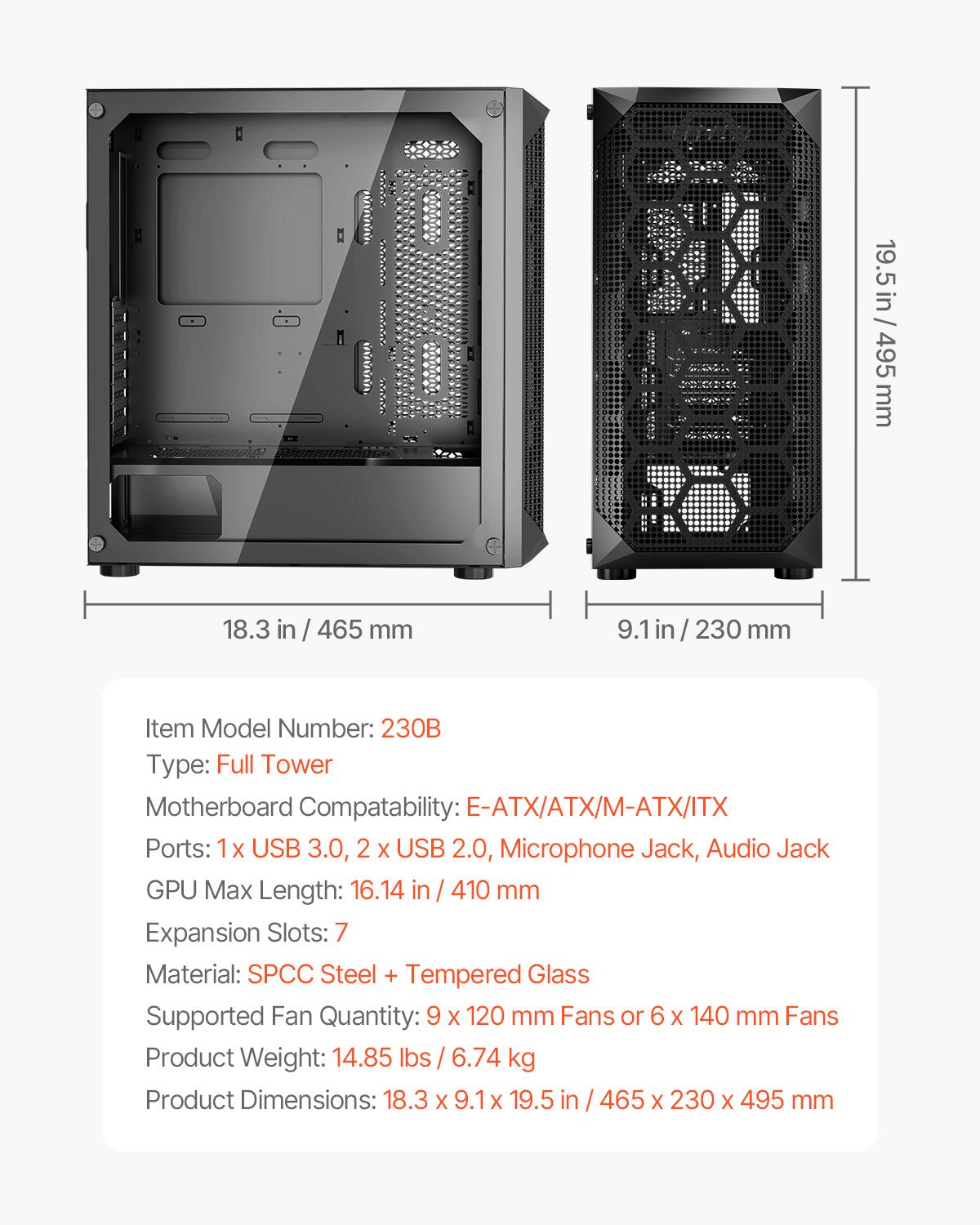 PC Gaming Case Full-Tower, High-Airflow Panel, 3x140mm Fans, E-ATX/ATX/M-ATX/ITX