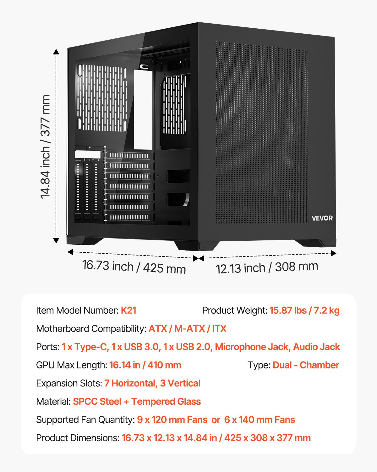 Mid-Tower Dual Chamber Gaming PC Case with Tempered Glass
