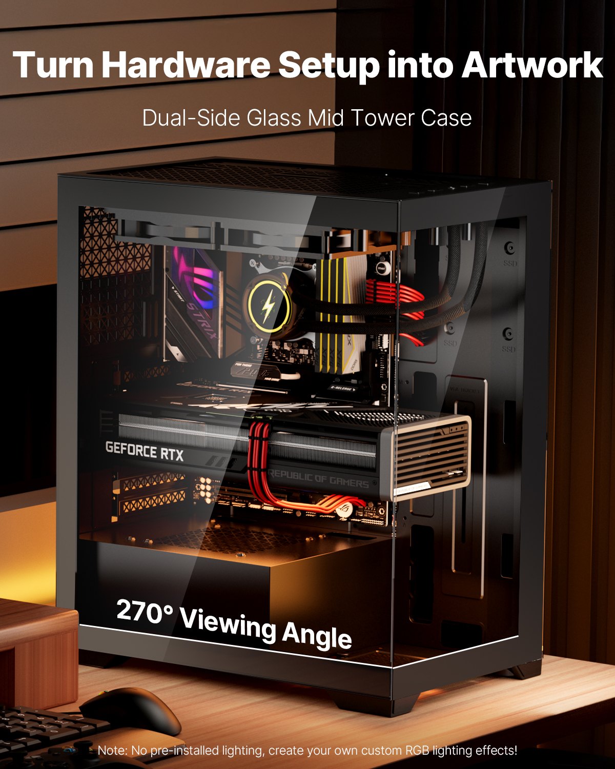 PC Gaming Case Mid-Tower, Tempered Glass, 2x120mm Fans, ATX/M-ATX/ITX