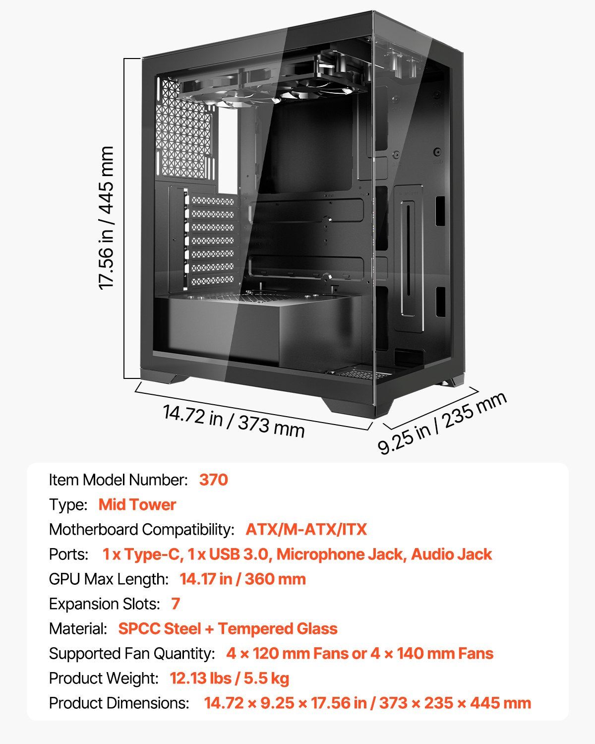 PC Gaming Case Mid-Tower, Tempered Glass, 2x120mm Fans, ATX/M-ATX/ITX