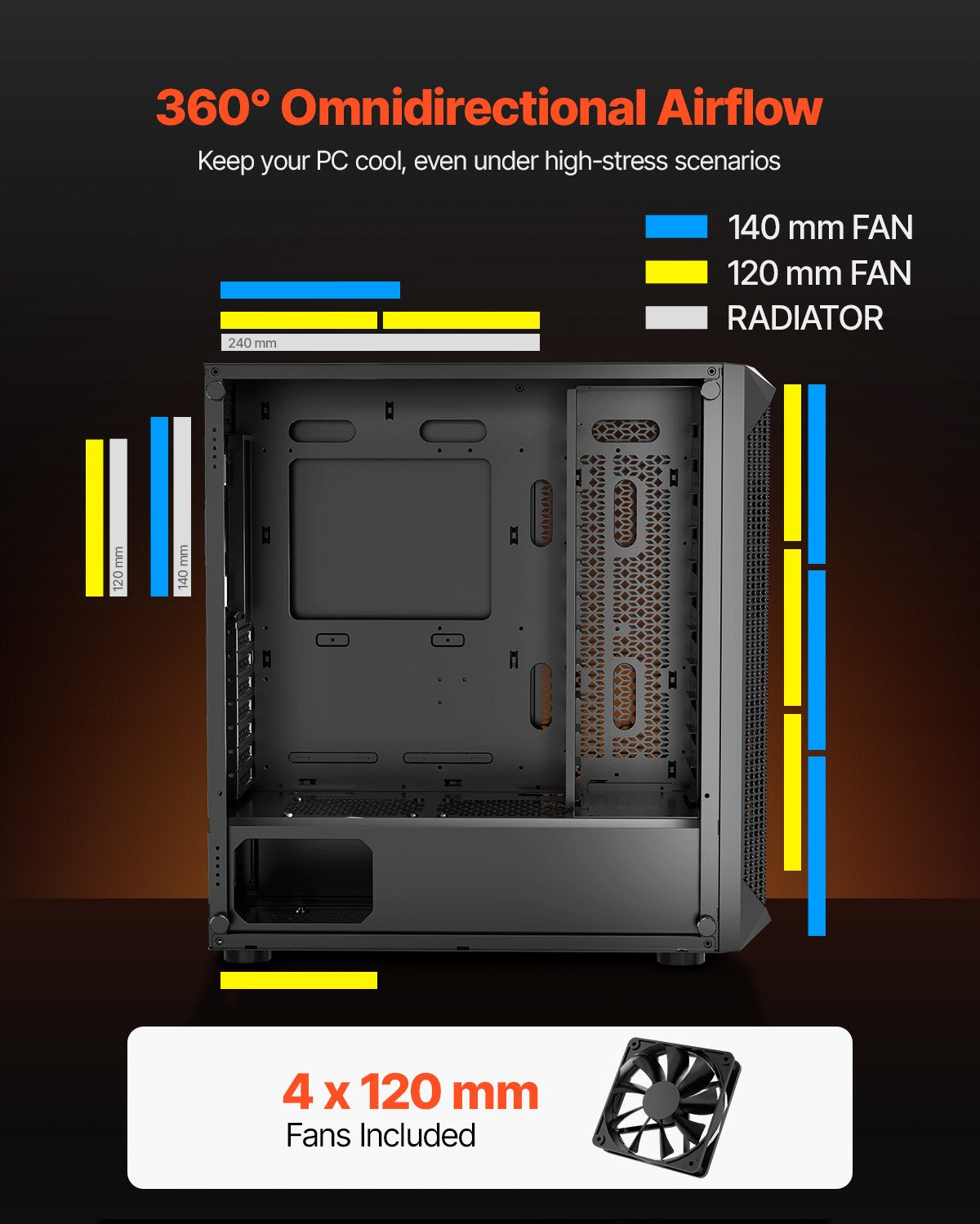 Mid-Tower Gaming PC Case with Tempered Glass and 4 Fans