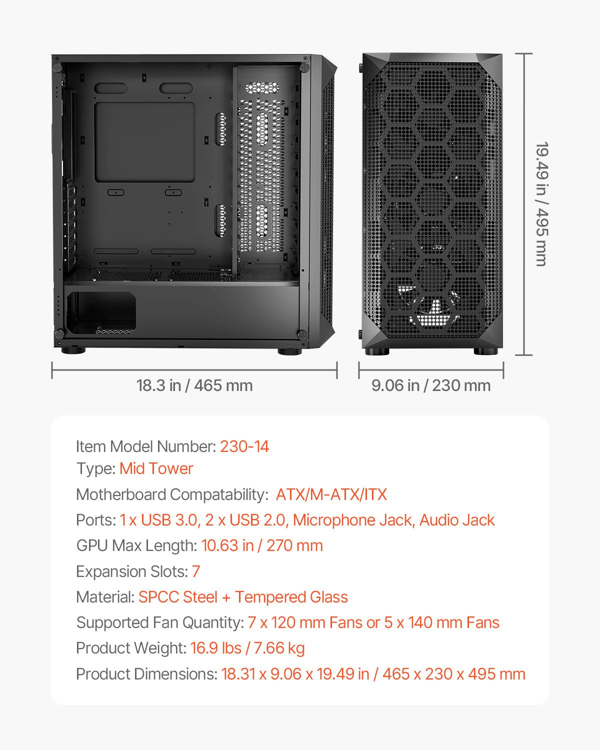 Mid-Tower Gaming PC Case with Tempered Glass and 4 Fans
