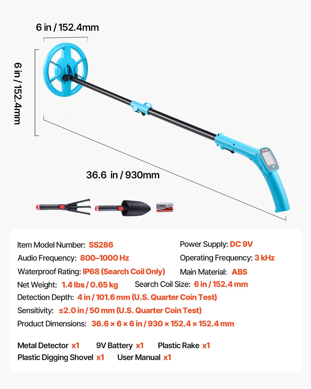 Metal Detector 101.6mm LCD Display IP68 Waterproof Coil Adjustable 650-930mm