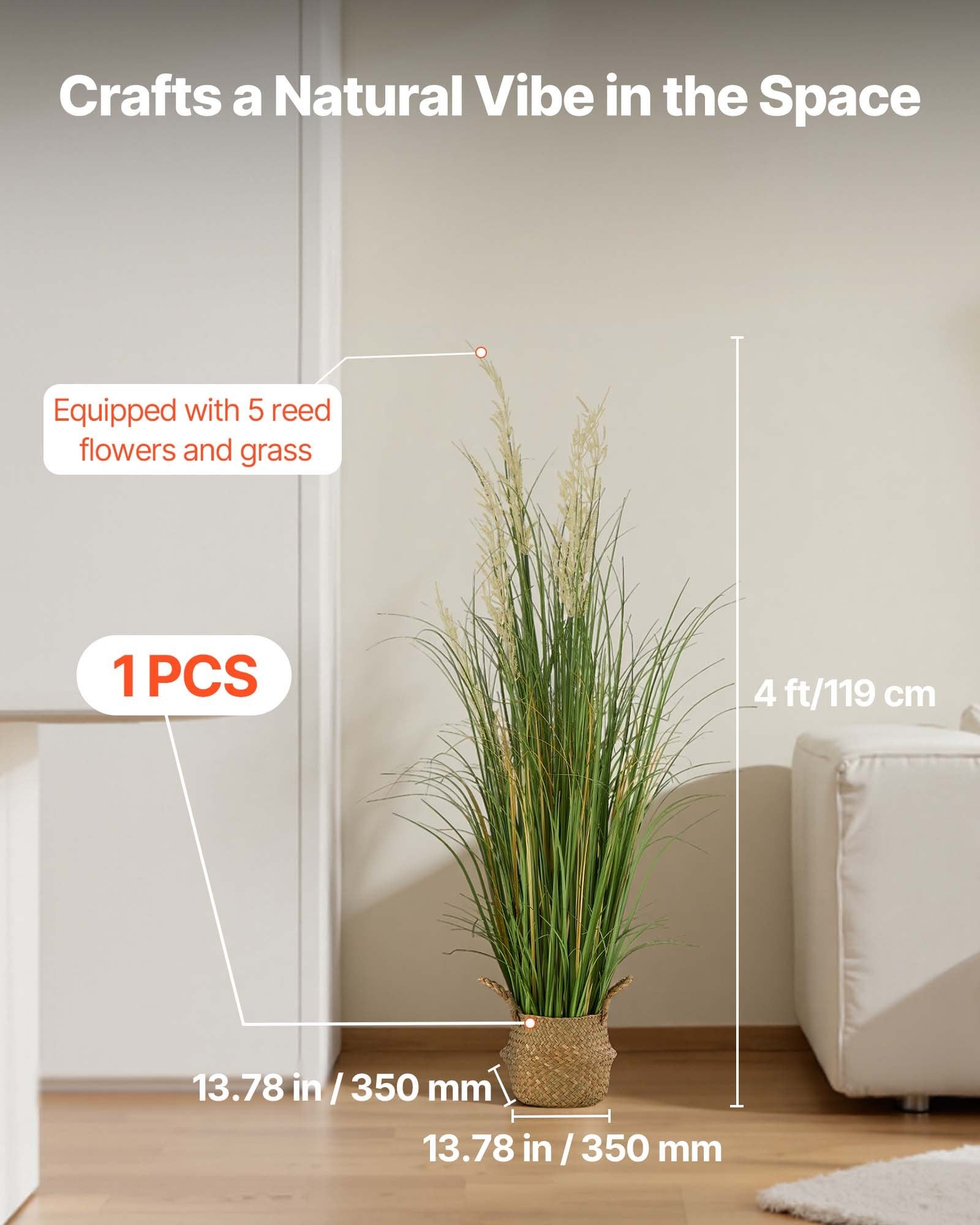 Artificial Grass Plant 1194mm Reed Flower PVC Faux Greenery Indoor Outdoor Green