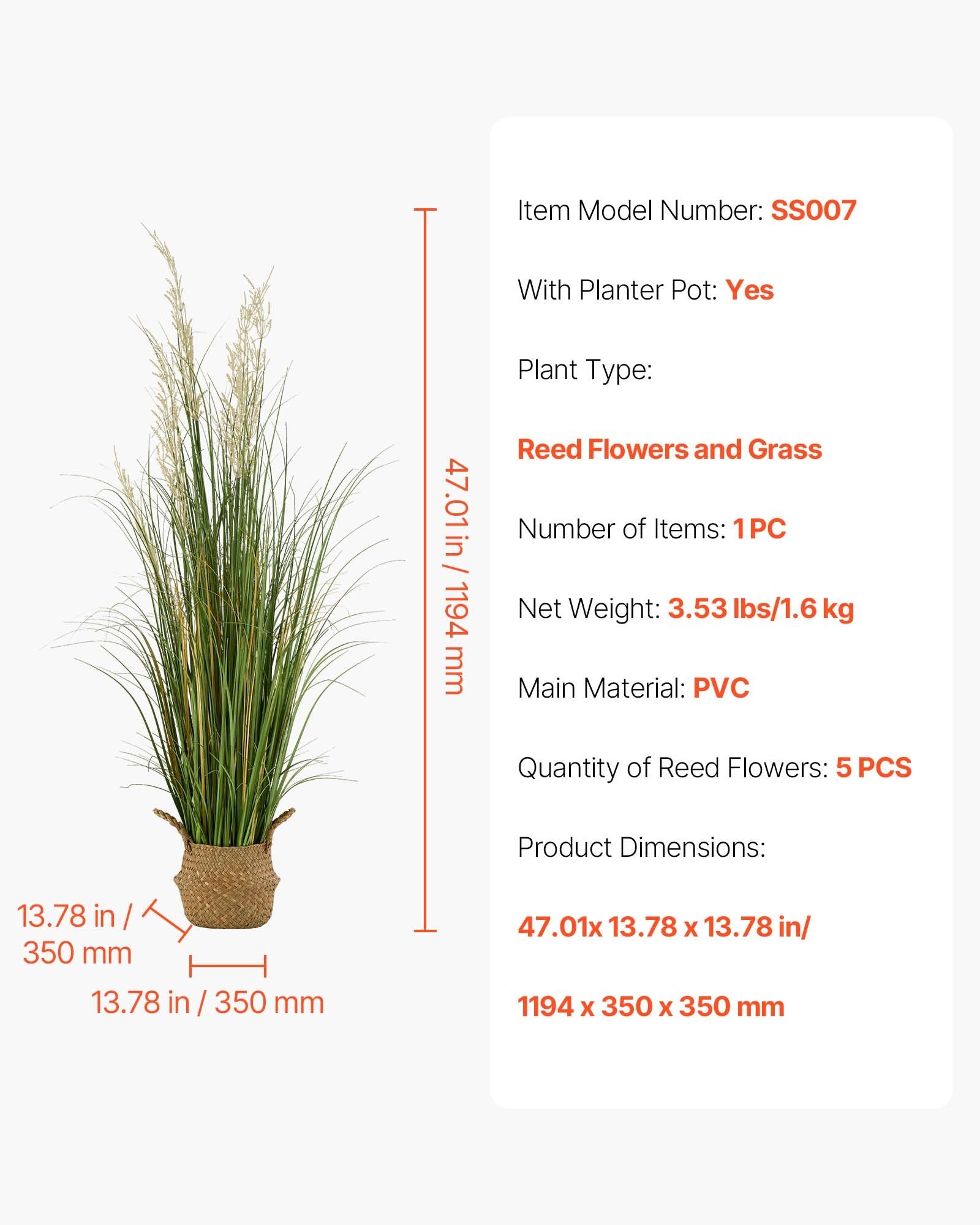 Artificial Grass Plant 1194mm Reed Flower PVC Faux Greenery Indoor Outdoor Green