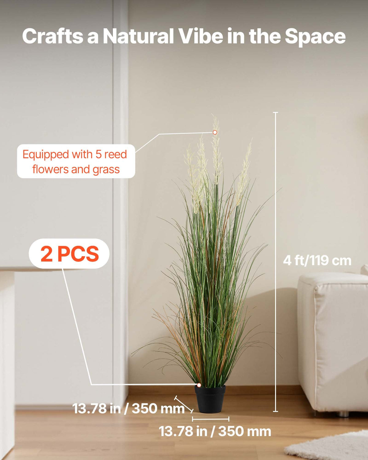 Artificial Grass Plant 2 Pack 1194mm Reed Flower Pot Faux Greenery Décor