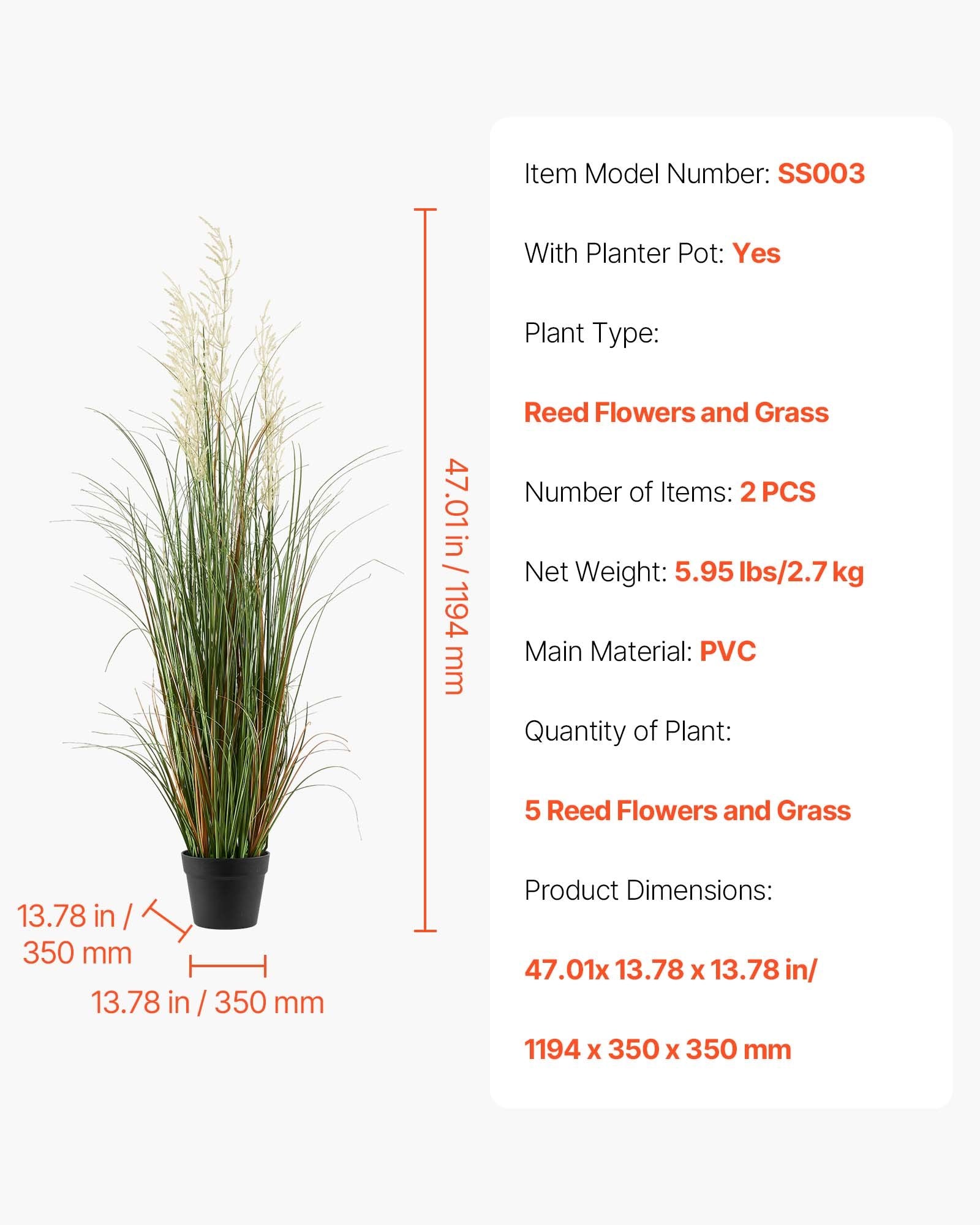 Artificial Grass Plant 2 Pack 1194mm Reed Flower Pot Faux Greenery Décor